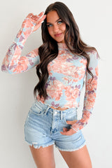 Hooked On You Floral Mesh Long Sleeve Top (Peach/Blue)