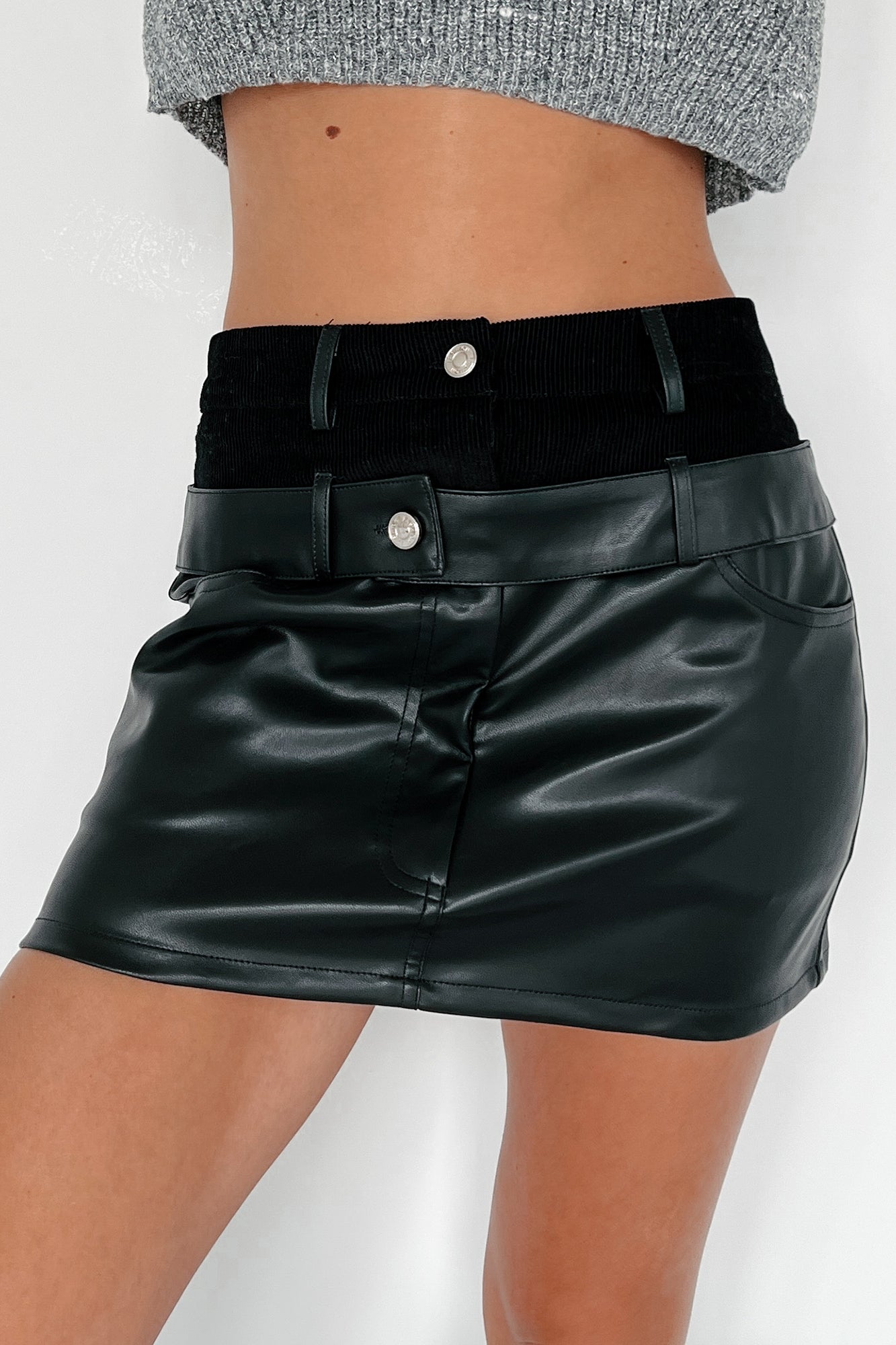 Don't Trust Me Double-Waisted Faux Leather Skirt (Black)