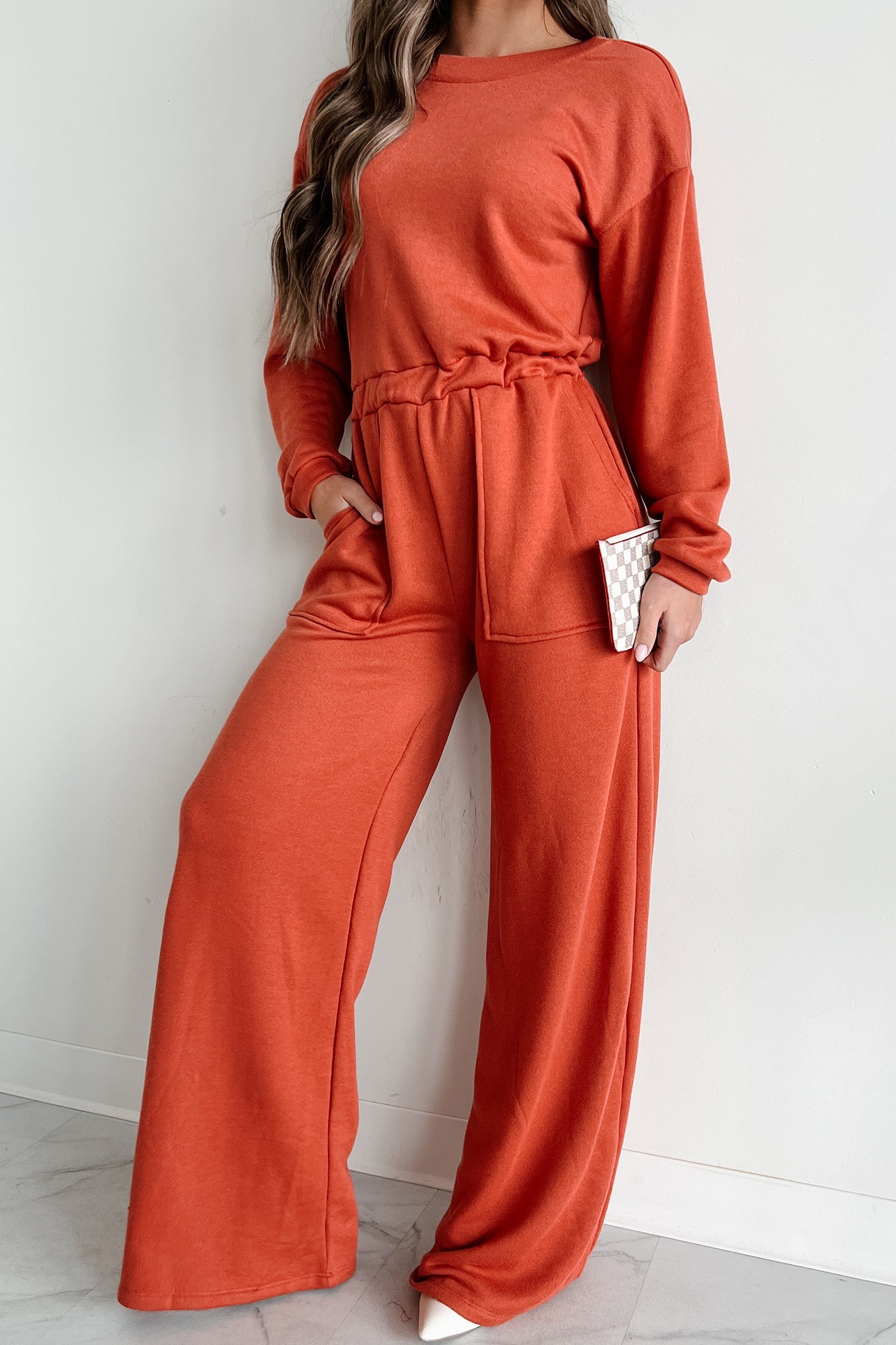 Plausible Deniability Long Sleeve Wide Leg Jumpsuit (Rust)