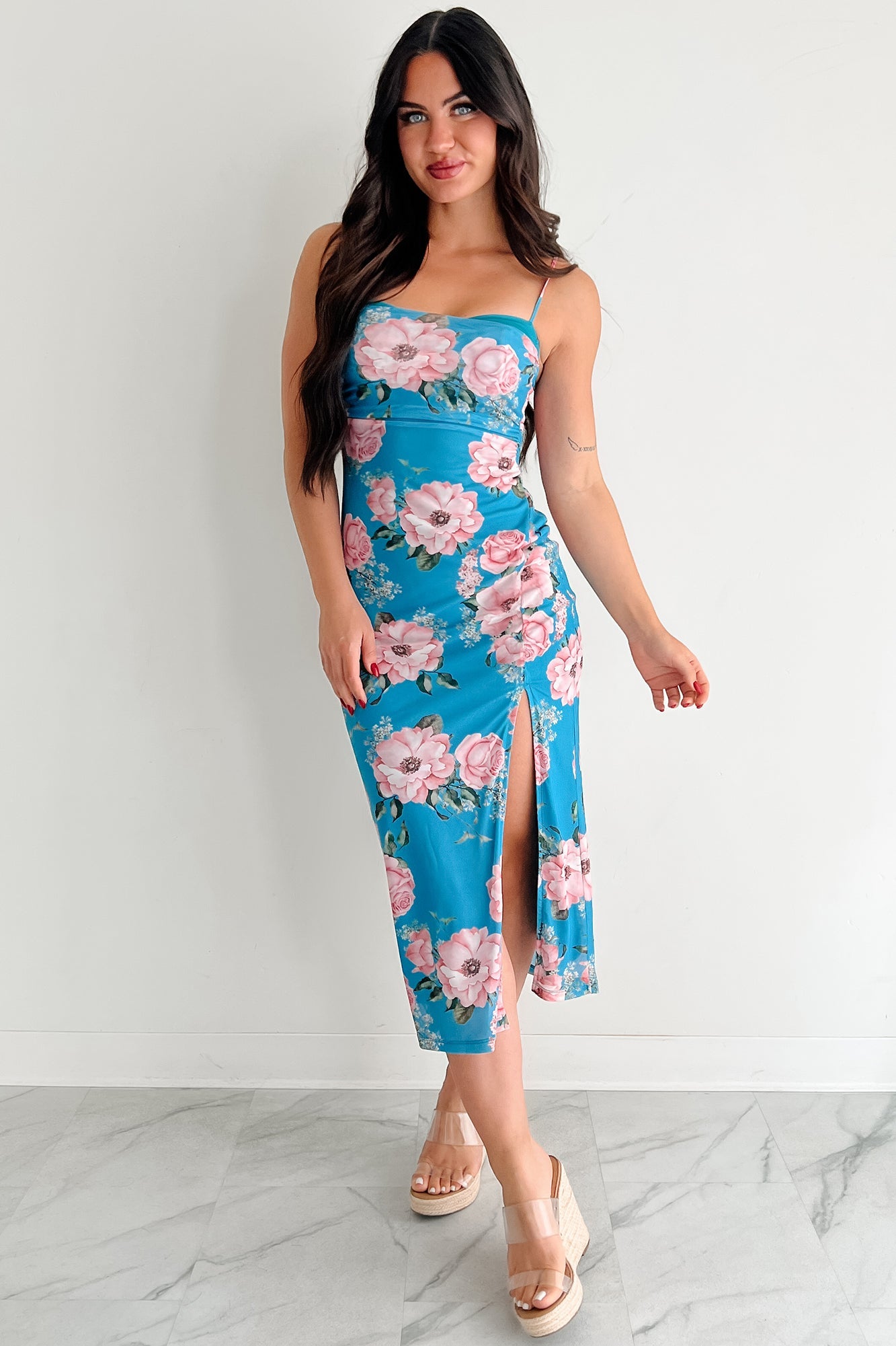 Own The Mood Sleeveless Floral Midi Dress (Teal)