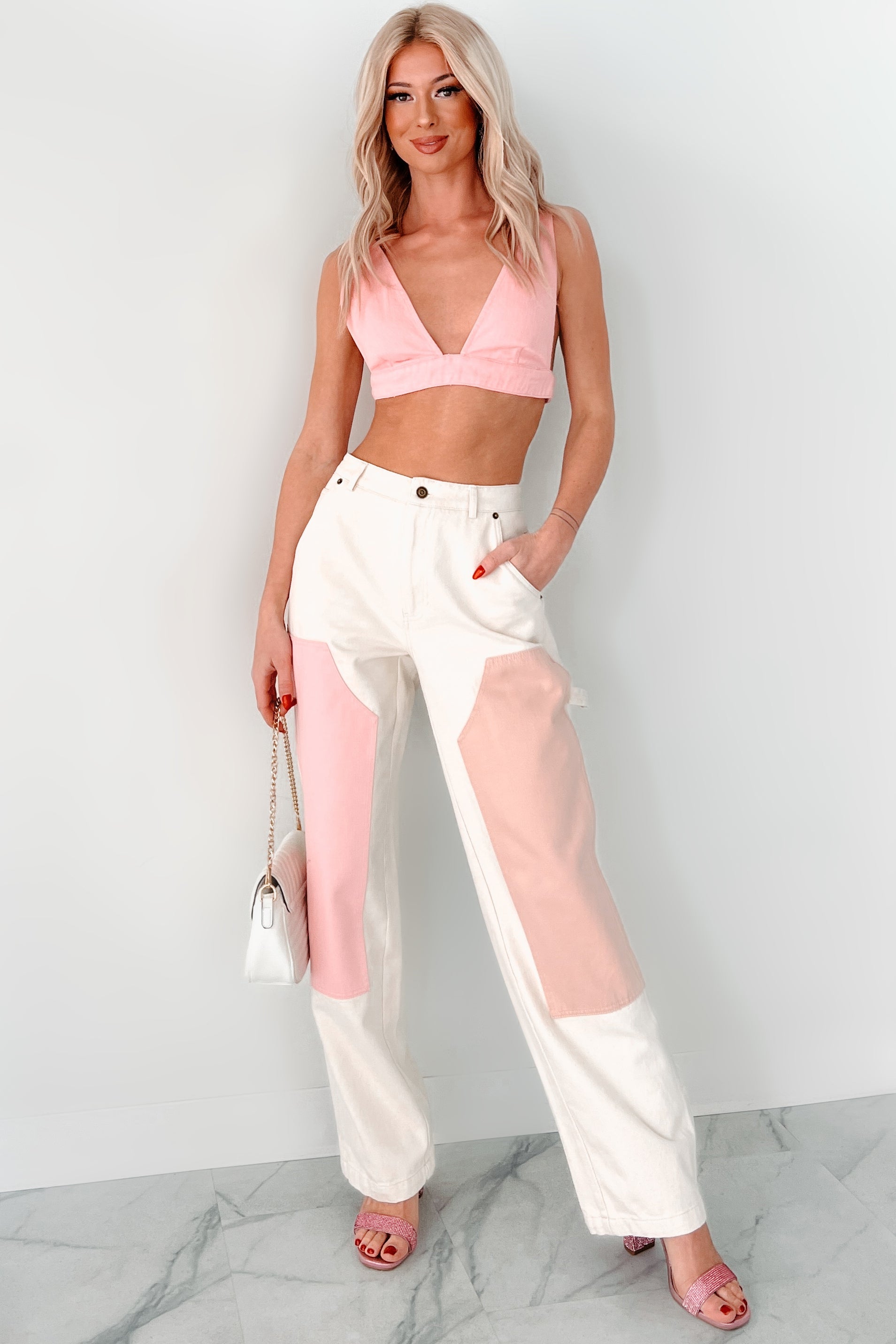 Move To The Music Denim Bralette Top (Pink)