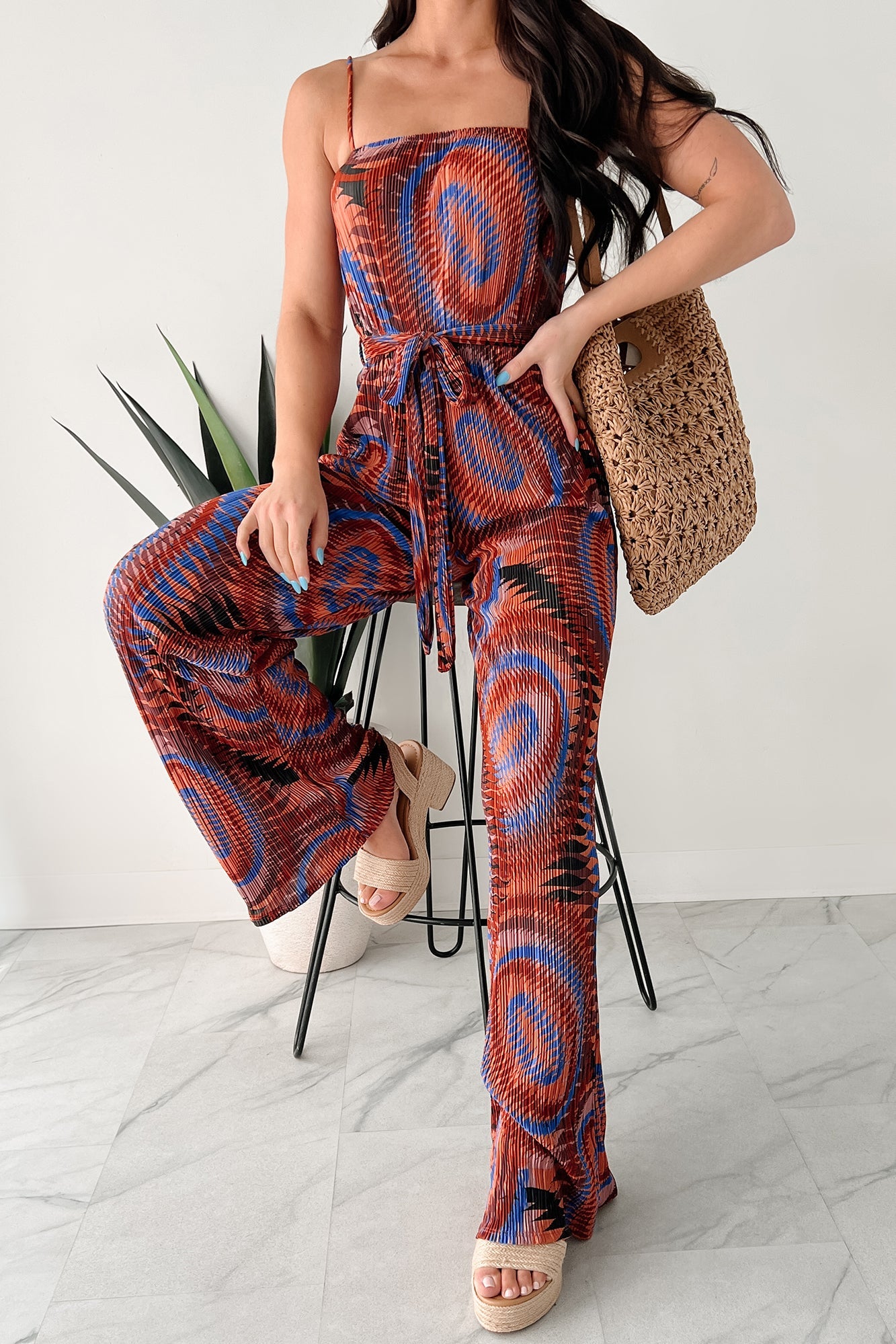 Turn Up The Volume Pleated Wide Leg Jumpsuit (Brick/Royal Blue)