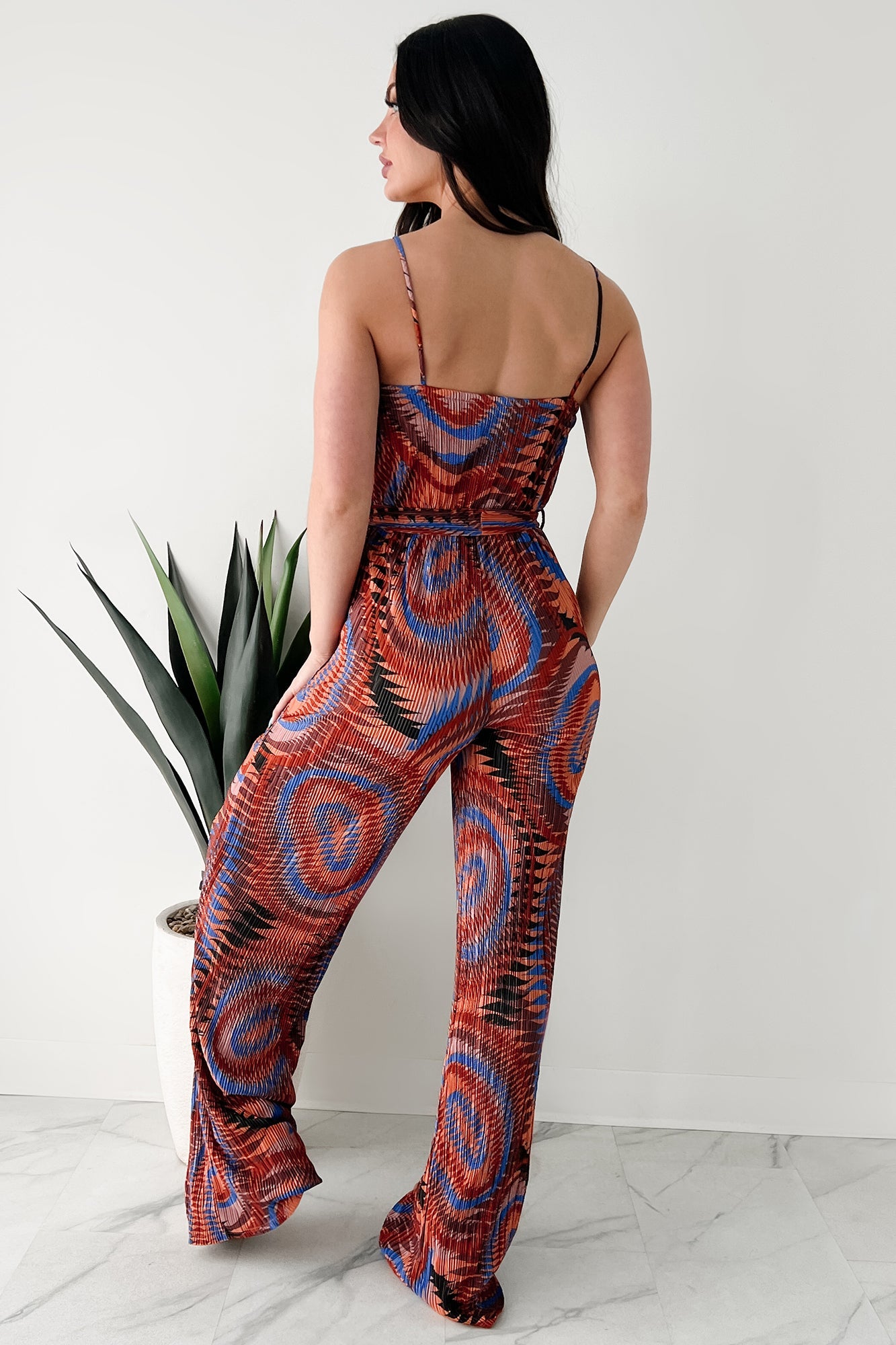 Turn Up The Volume Pleated Wide Leg Jumpsuit (Brick/Royal Blue)