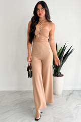 Sheer Ferocity Chain Strap Cutout Jumpsuit (Taupe)