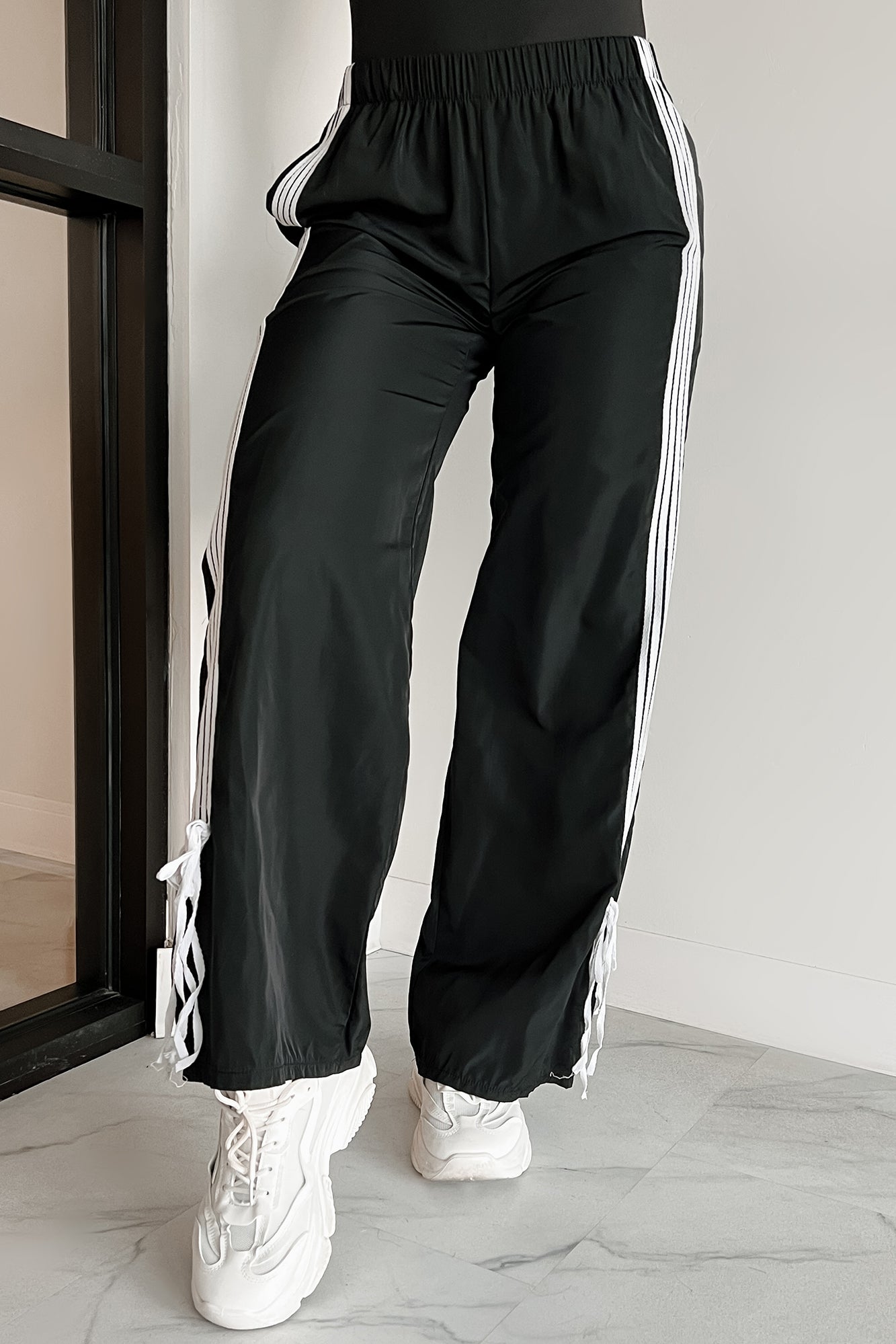 Colby Side Stripe Ribbon Tie Track Pants (Black)