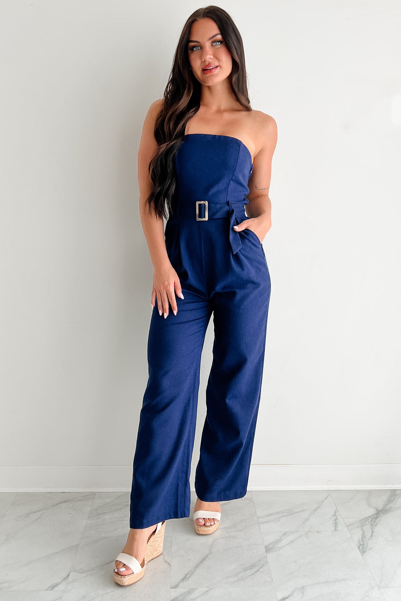 One More Page Strapless Belted Jumpsuit (Navy)