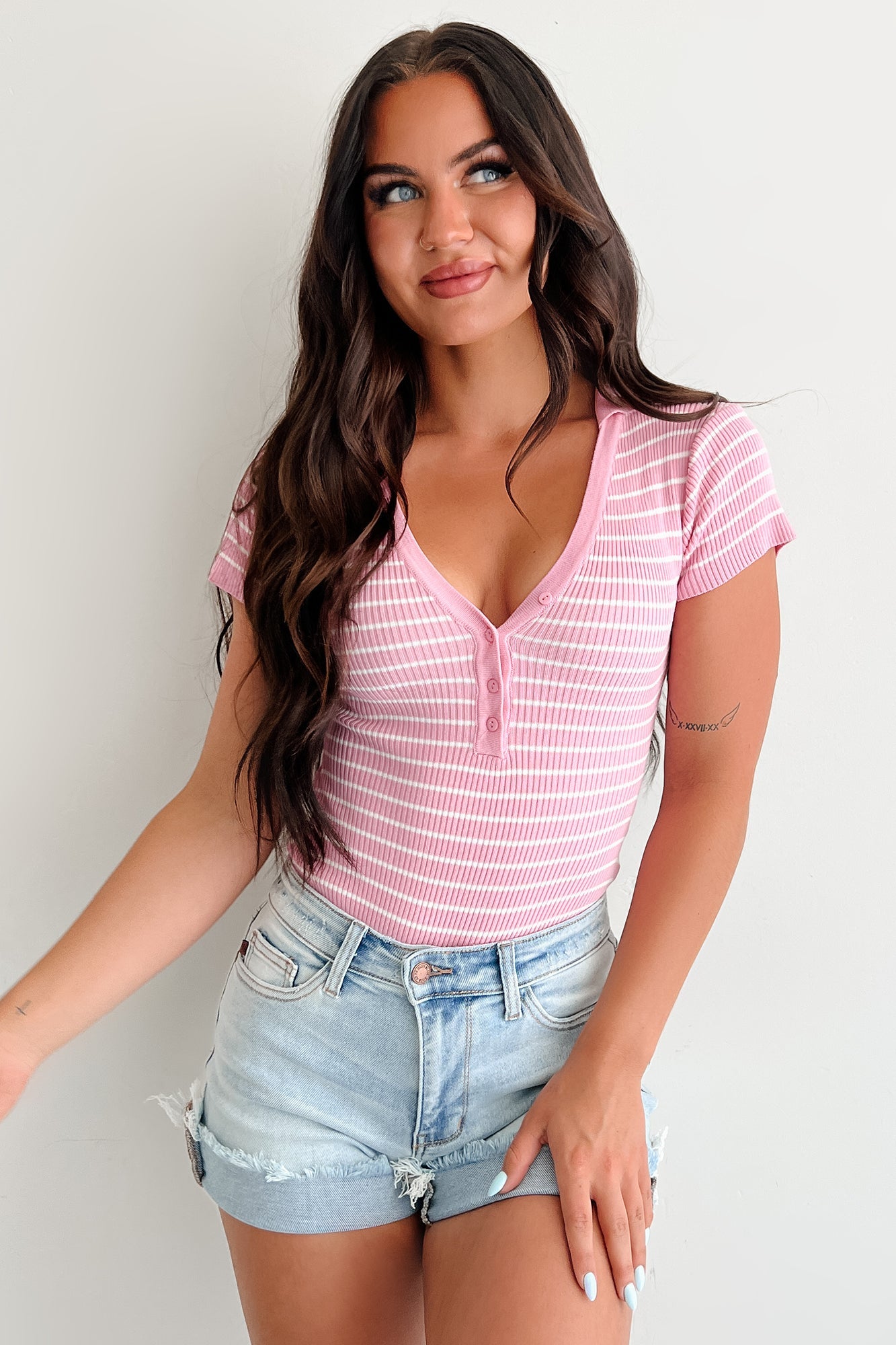As It Was Striped Rib Knit Bodysuit (Pink)