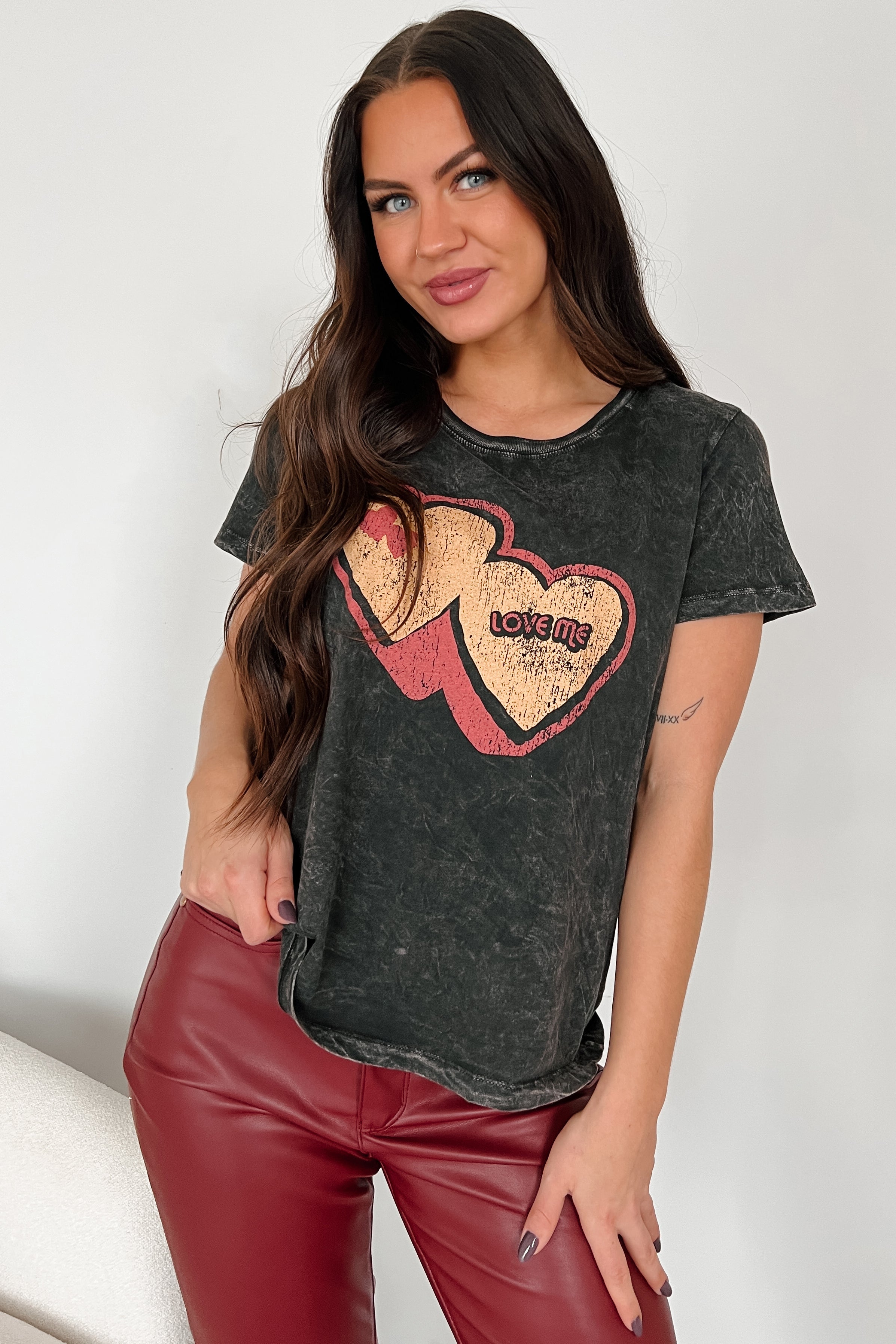 "Love Me" Mineral Wash Graphic Top (Charcoal)