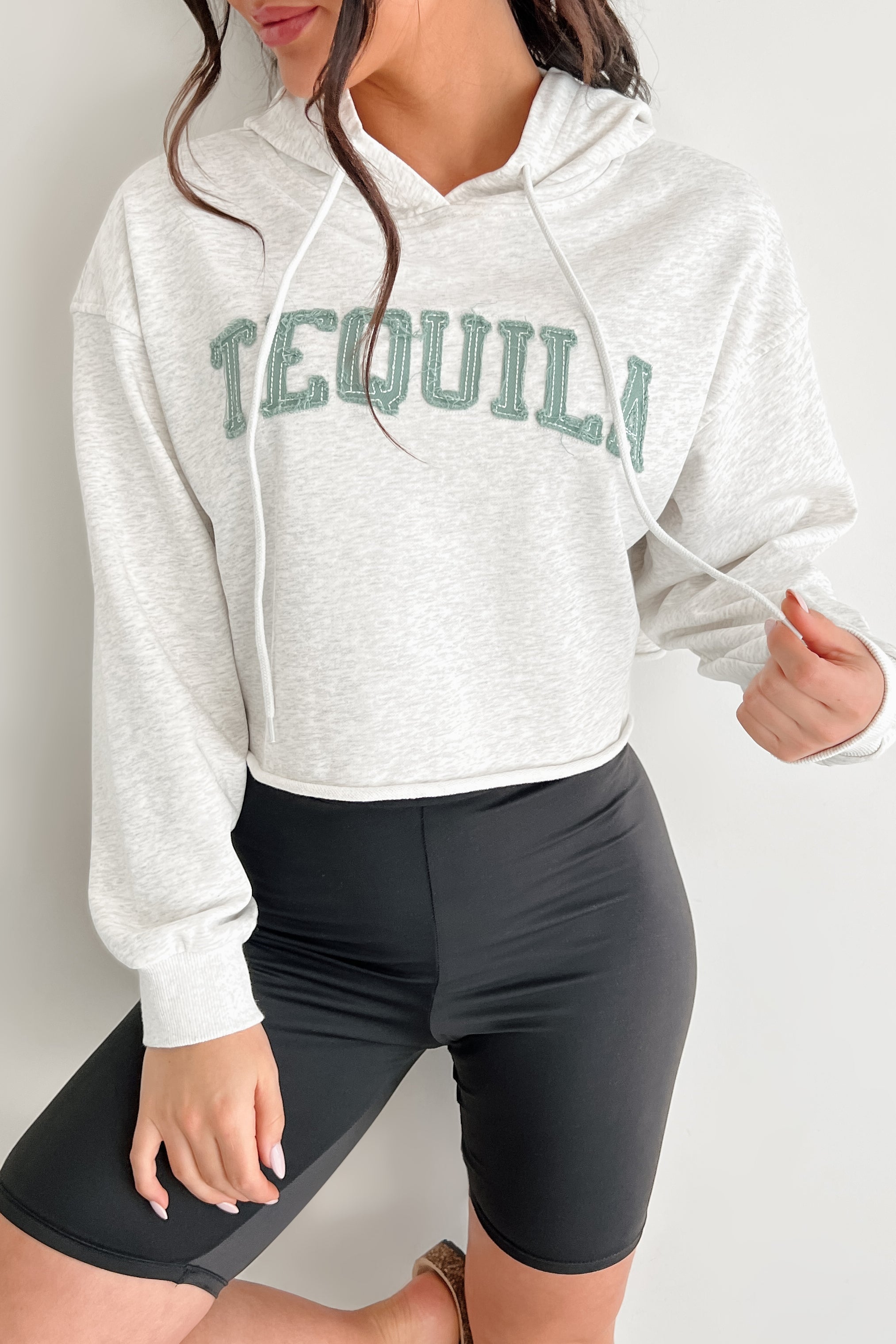 "Tequila" Embroidered Crop Hoodie (Heather Grey)