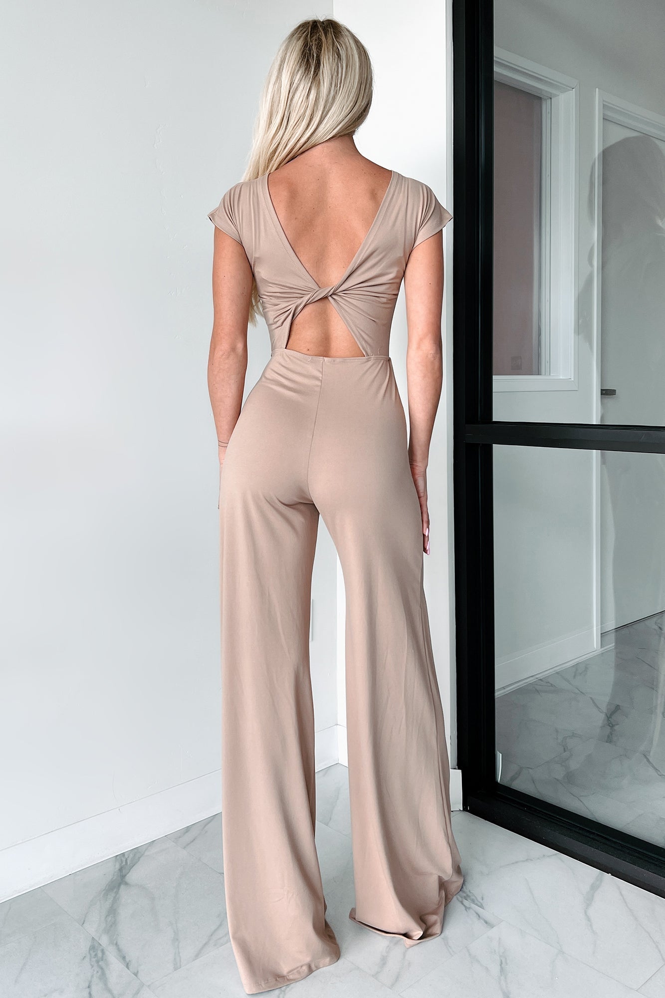 Staying Out Later Twist-Back Jumpsuit (Tan)