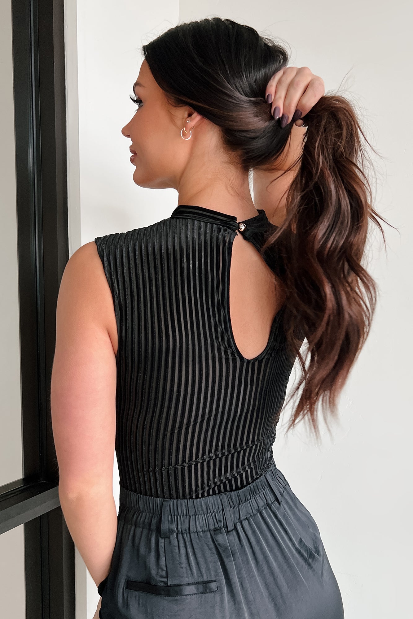 Ashari Velvet Stripe Cut-Out Bodysuit (Black)