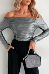 Midnight Magnetism Off The Shoulder Metallic Bodysuit (Galaxy Black)