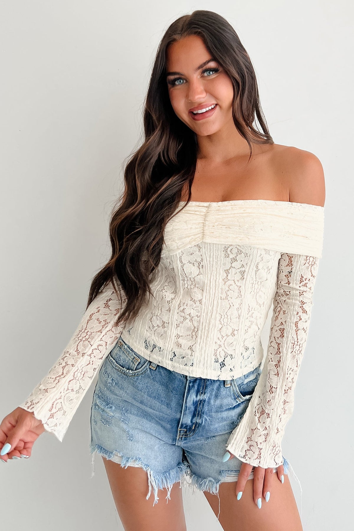 First Kiss Feelings Off Shoulder Lace Top (Ivory)