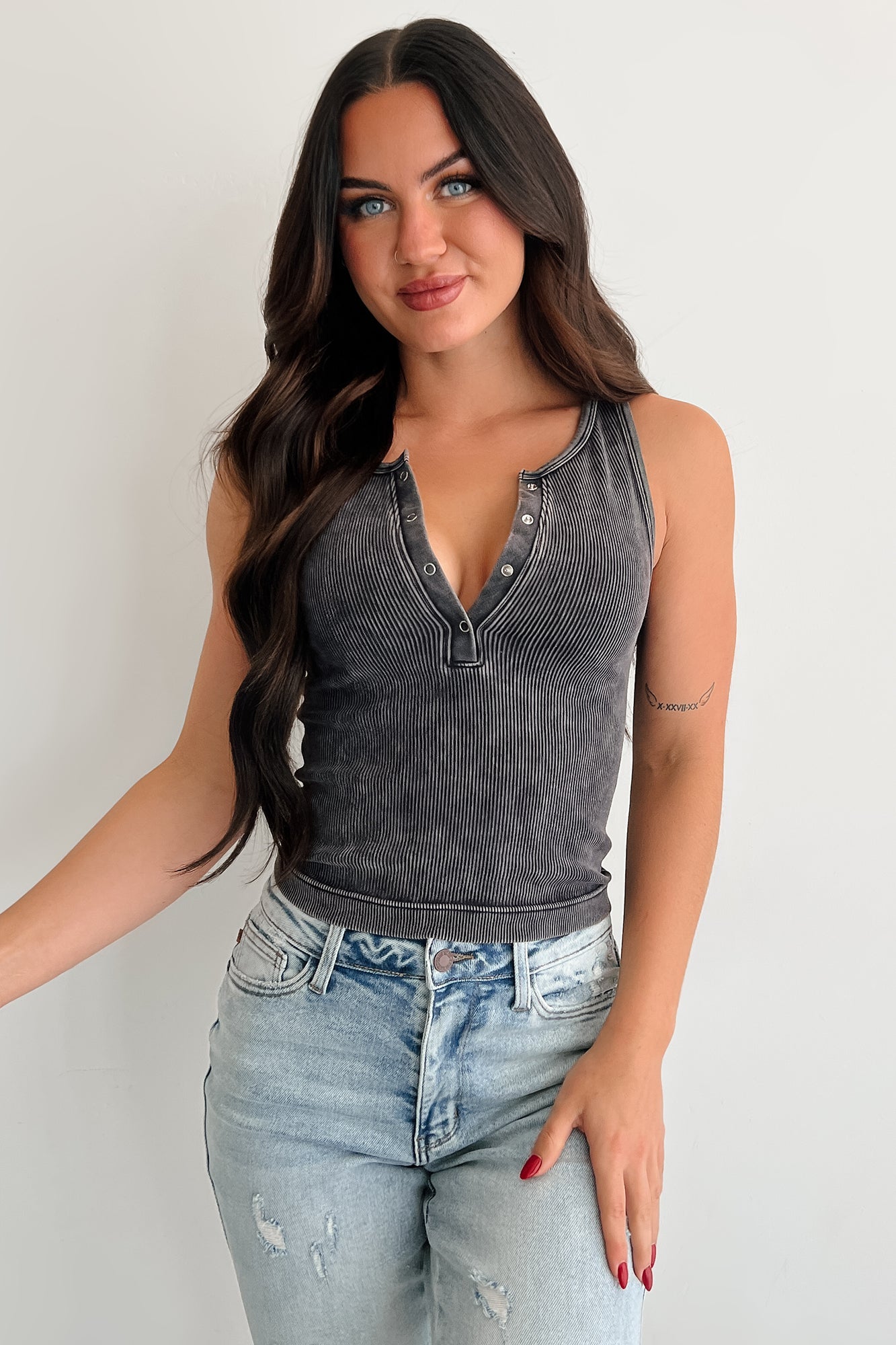 Chill Intentions Ribbed Washed Zenana Henley Tank (Ash Black)