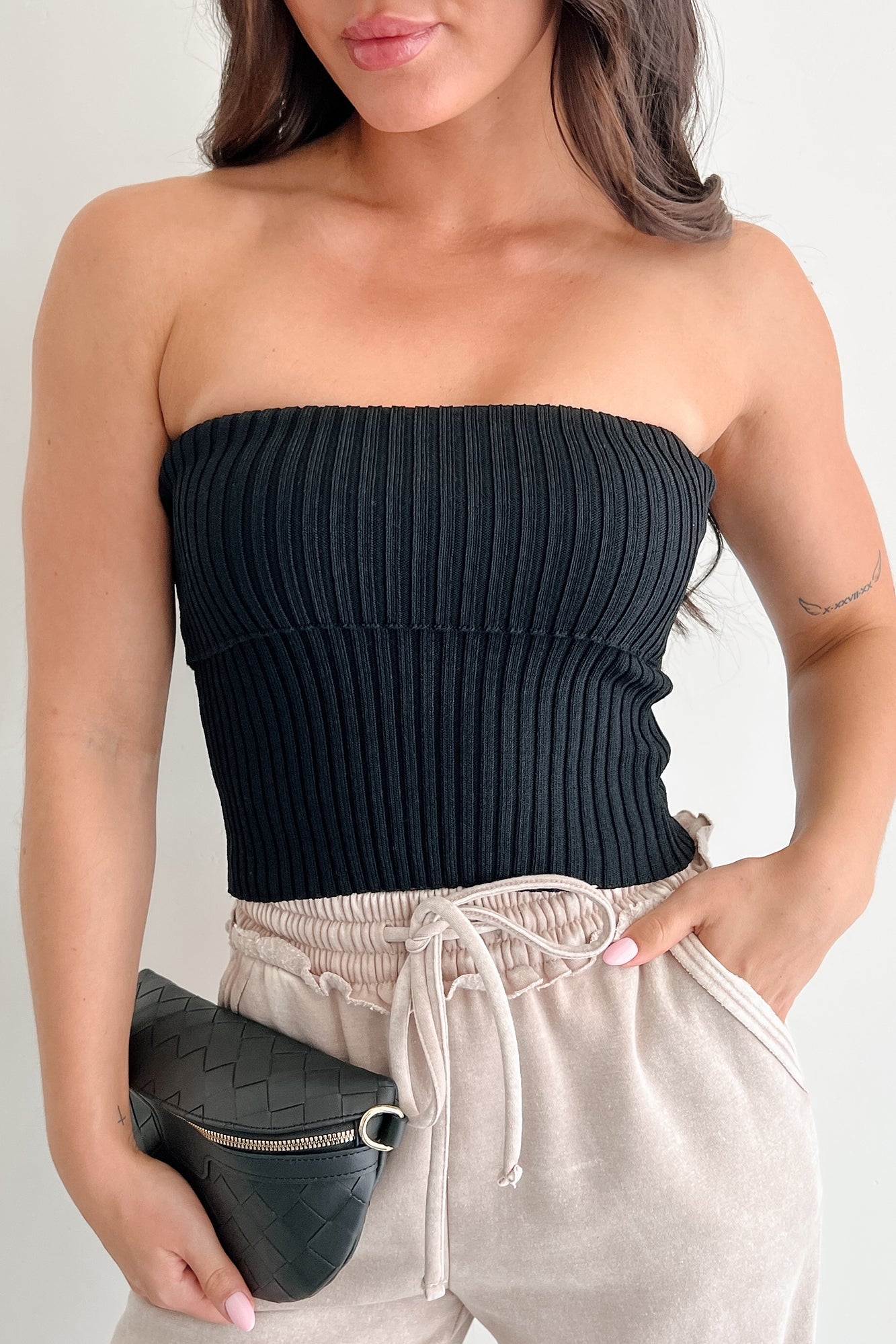 Cozy Corner Ribbed Strapless Fold Over Top (Black)