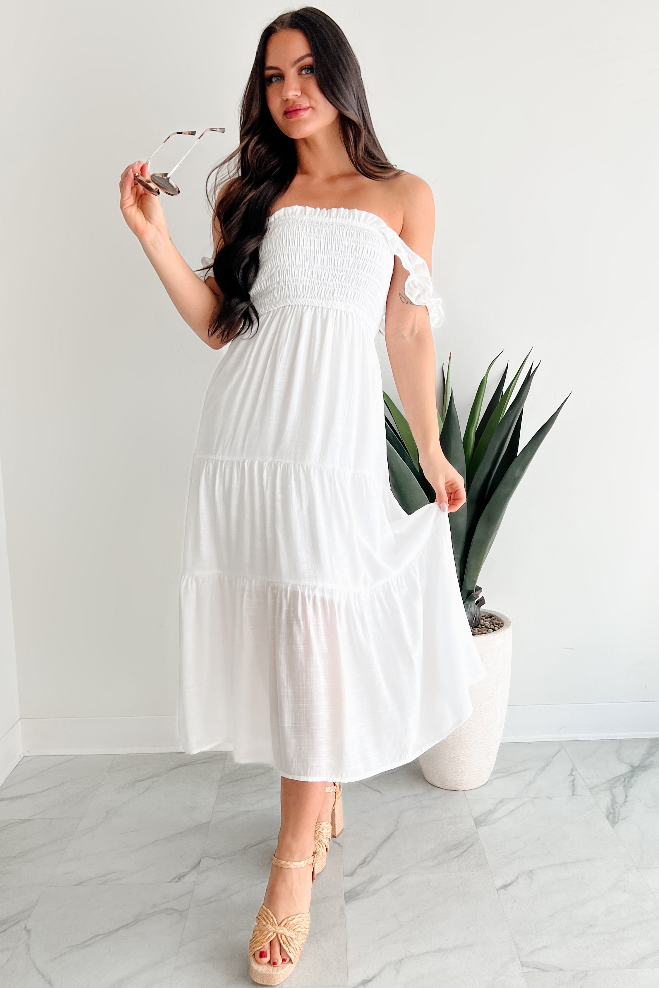 Wild Roots Sleeveless Smocked Maxi Dress (White)