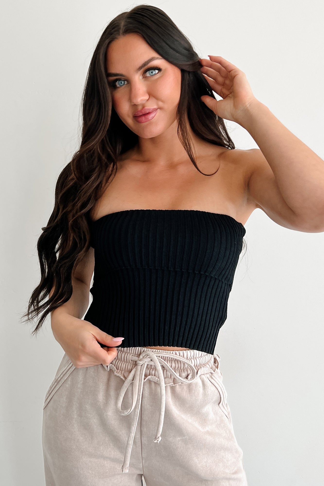 Cozy Corner Ribbed Strapless Fold Over Top (Black)