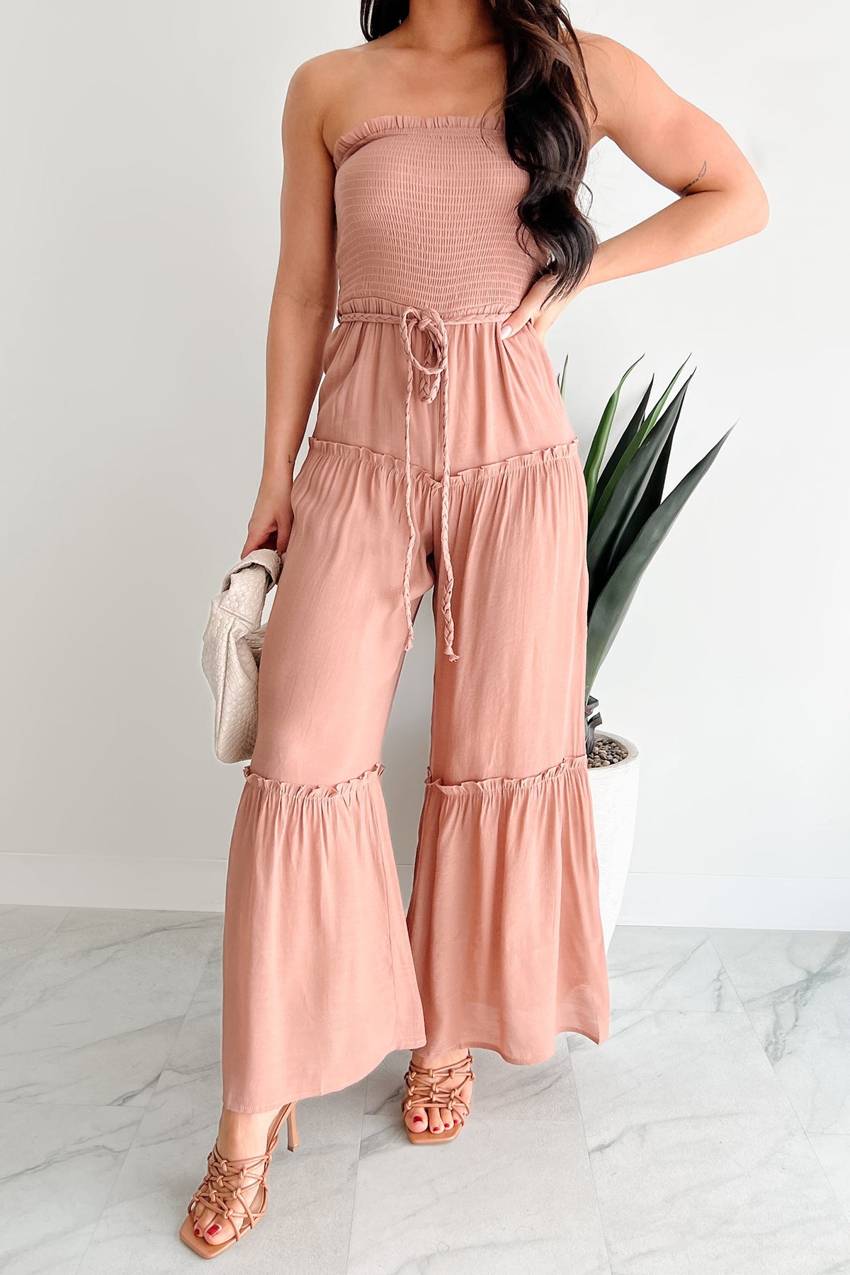 Glam Goddess Strapless Smocked Jumpsuit (Clay)