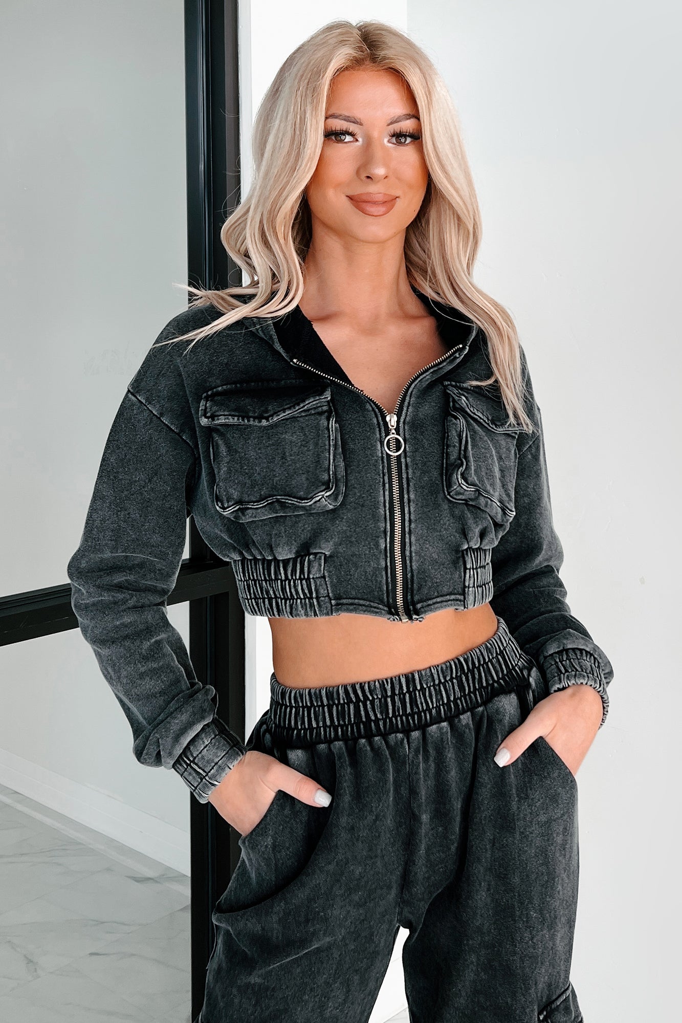 Talk Later Mineral Wash Hoodie & Sweatpants Set (Black)