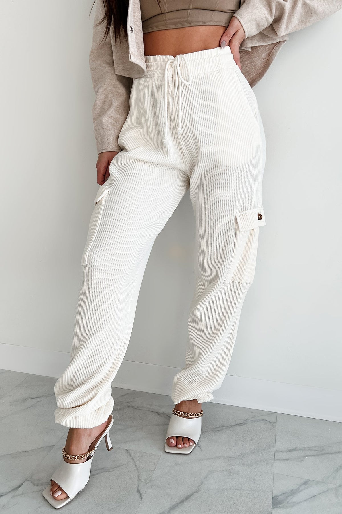 Leave Me Alone Cargo Waffle Knit Pants (Cream)