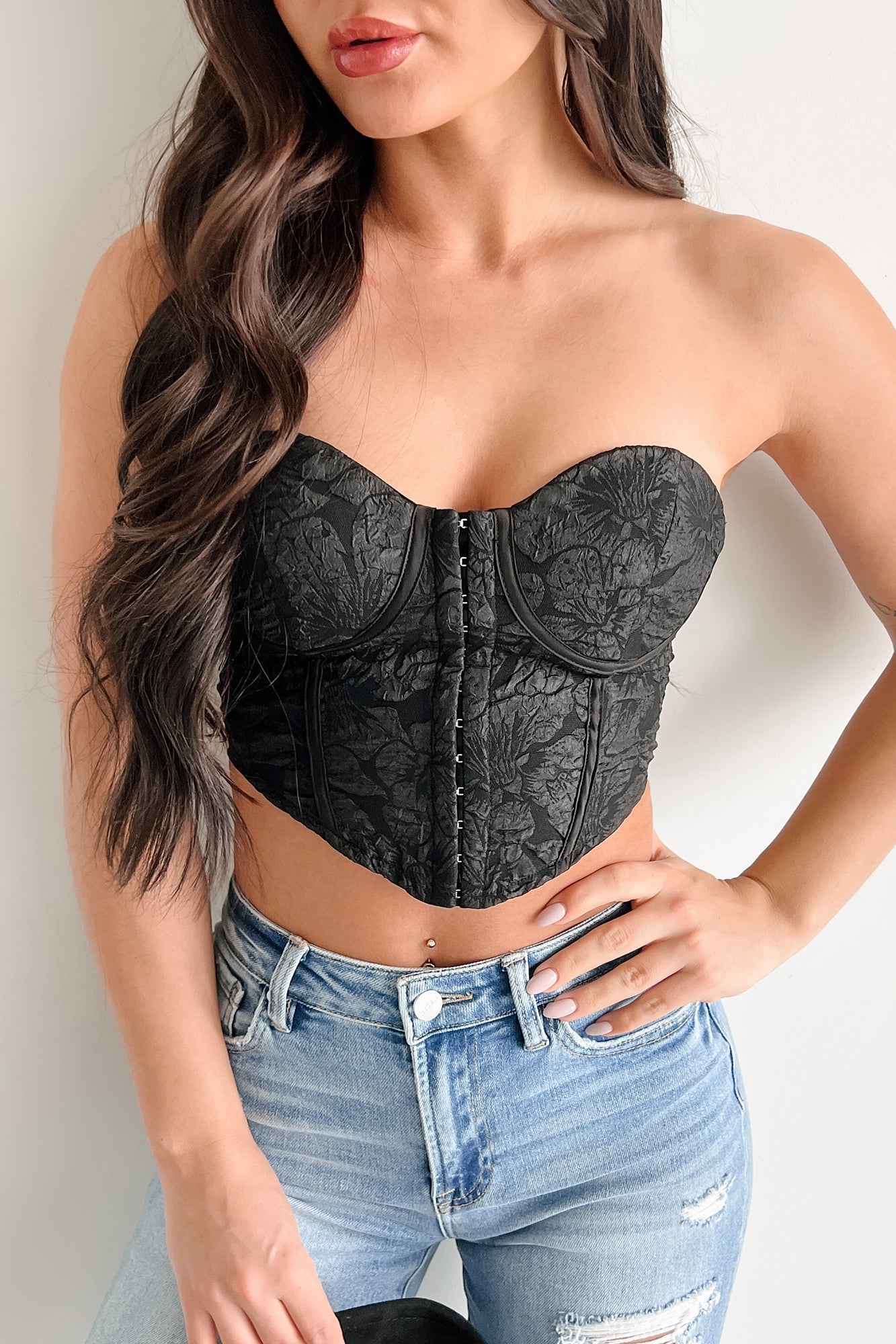 Glam Life Hook Front Strapless Floral Bustier Top (Black)