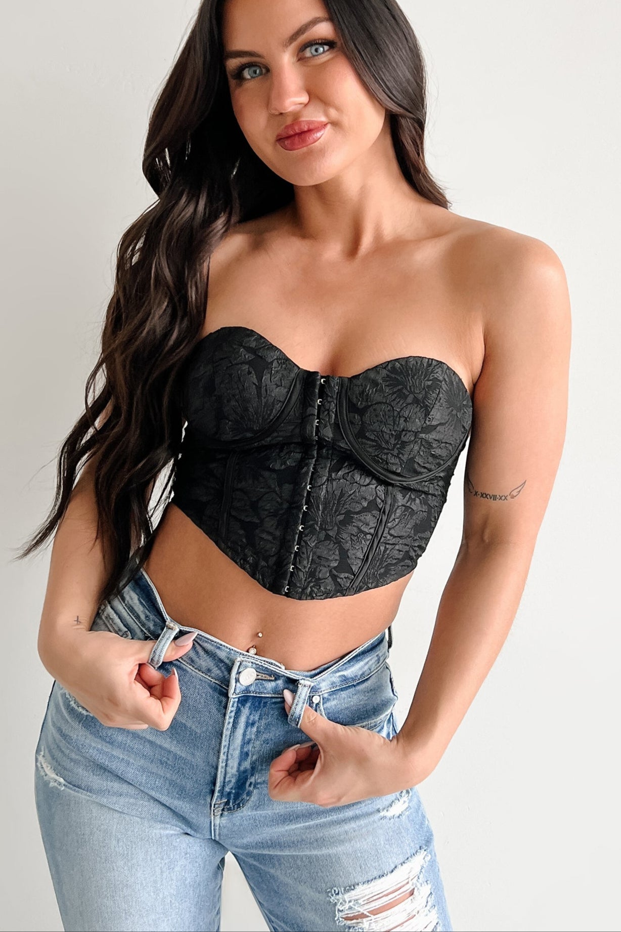Glam Life Hook Front Strapless Floral Bustier Top (Black)