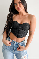Glam Life Hook Front Strapless Floral Bustier Top (Black)