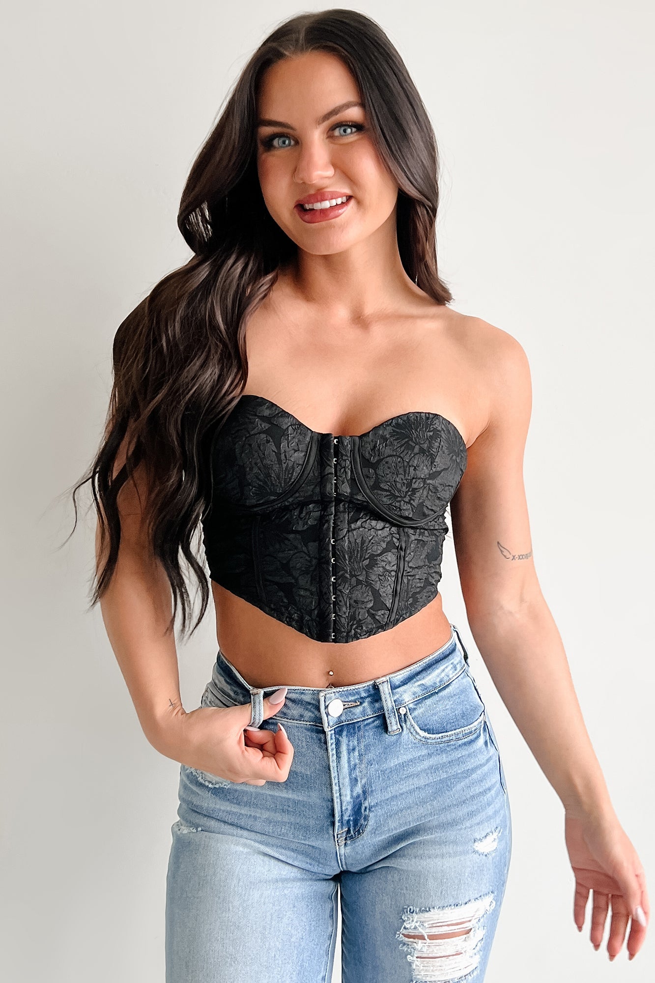 Glam Life Hook Front Strapless Floral Bustier Top (Black)