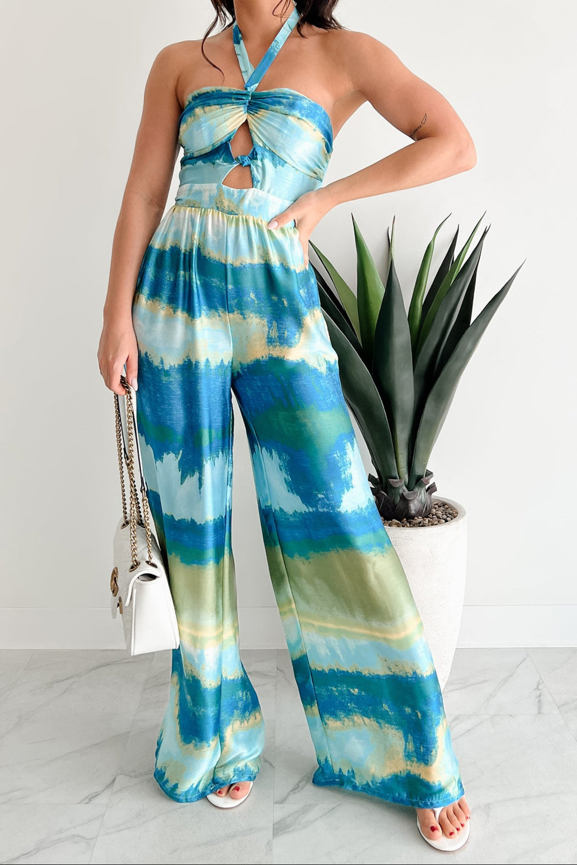 Sunshine & Seaside Halter Wide Leg Jumpsuit (Blue)