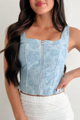 Blooming Lovely Zip Front Floral Denim Corset Top (Light Denim)