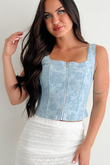 Blooming Lovely Zip Front Floral Denim Corset Top (Light Denim)