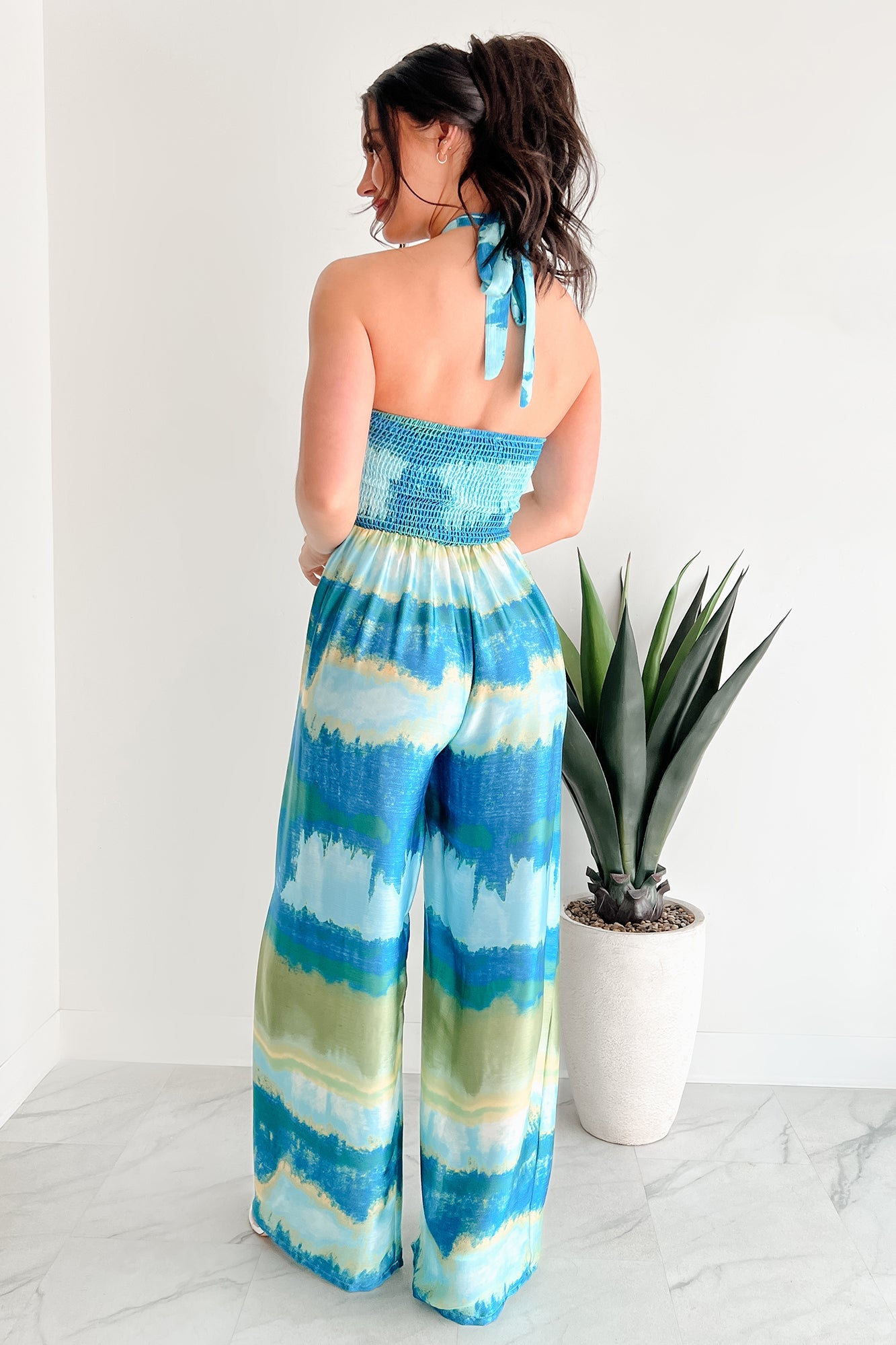 Sunshine & Seaside Halter Wide Leg Jumpsuit (Blue)