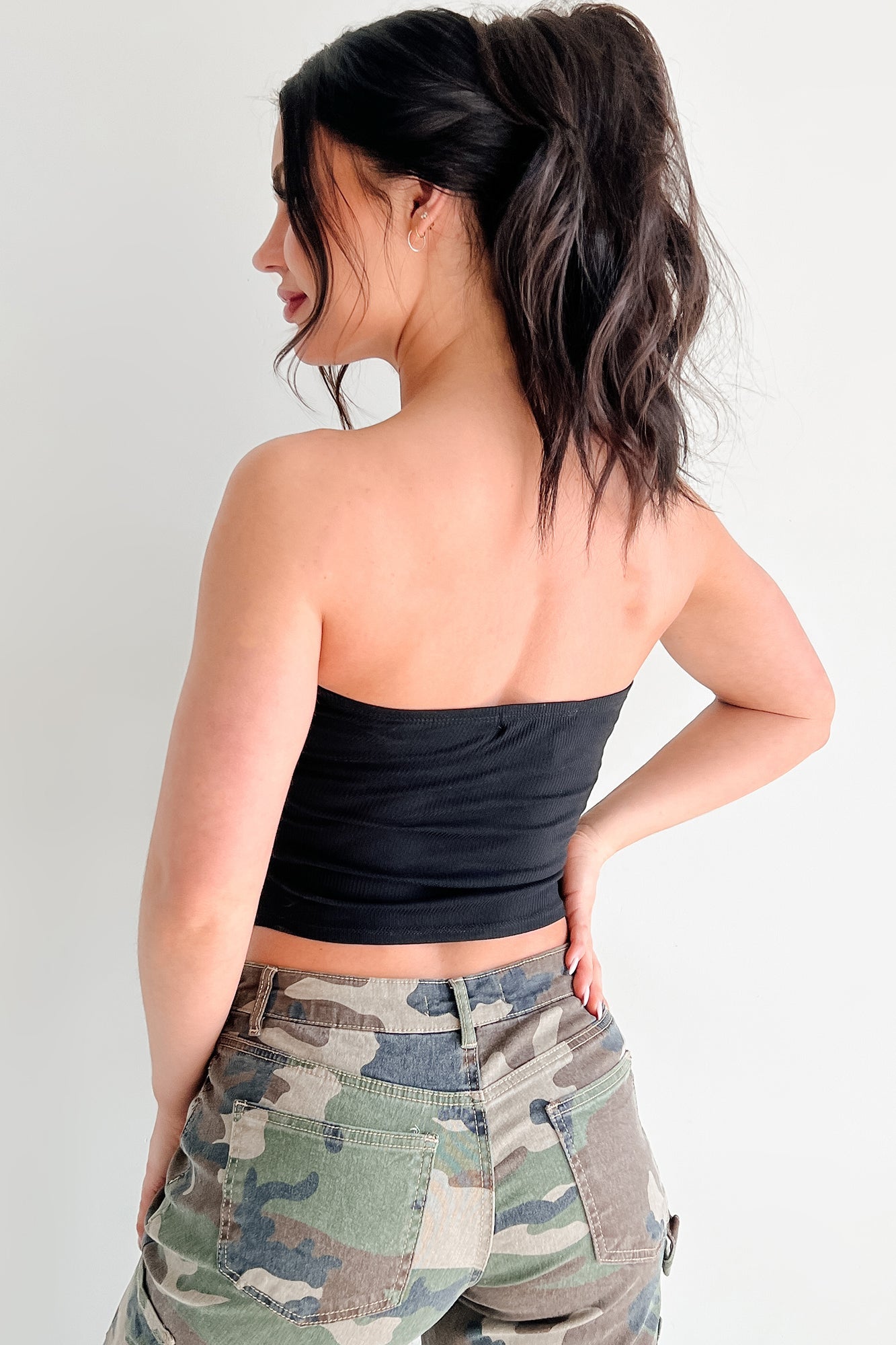 Count Me In Side Ruched Asymmetric Tube Top (Black)