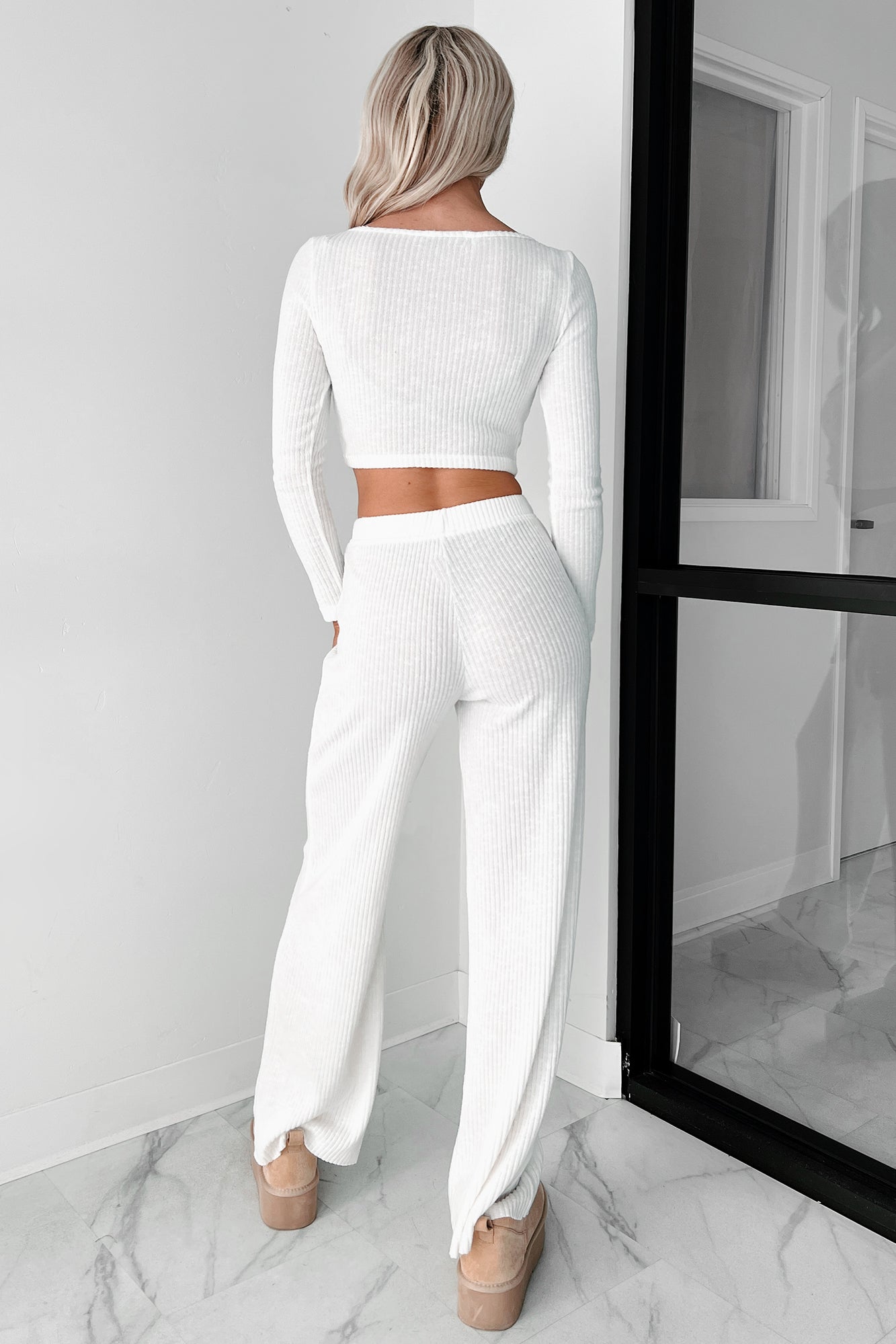 Ive Got My Eye On You Ribbed Long Sleeve Button Down Set (Ivory White)