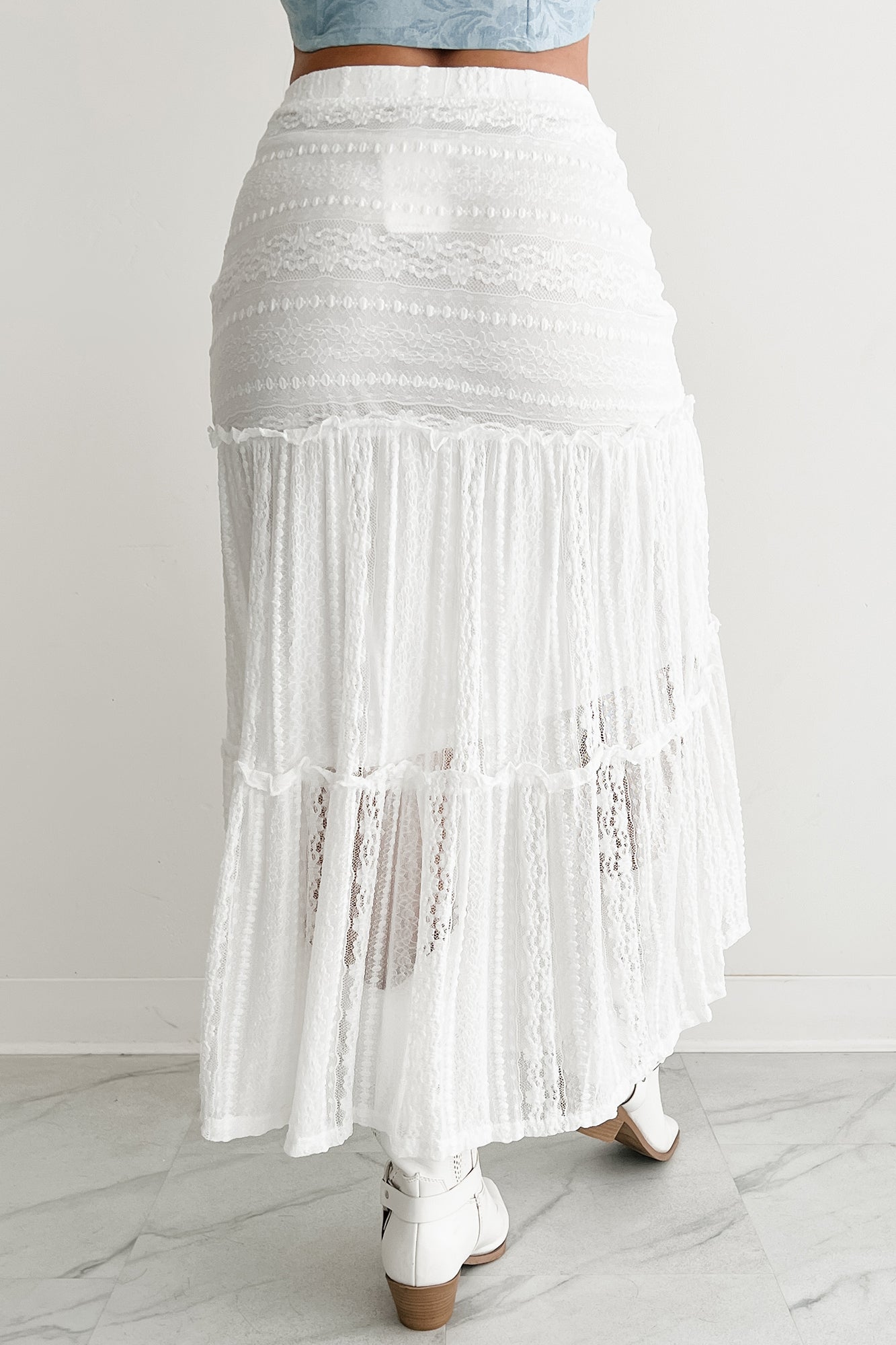 Lacy Daze Tiered Lace Midi Skirt (Off White)