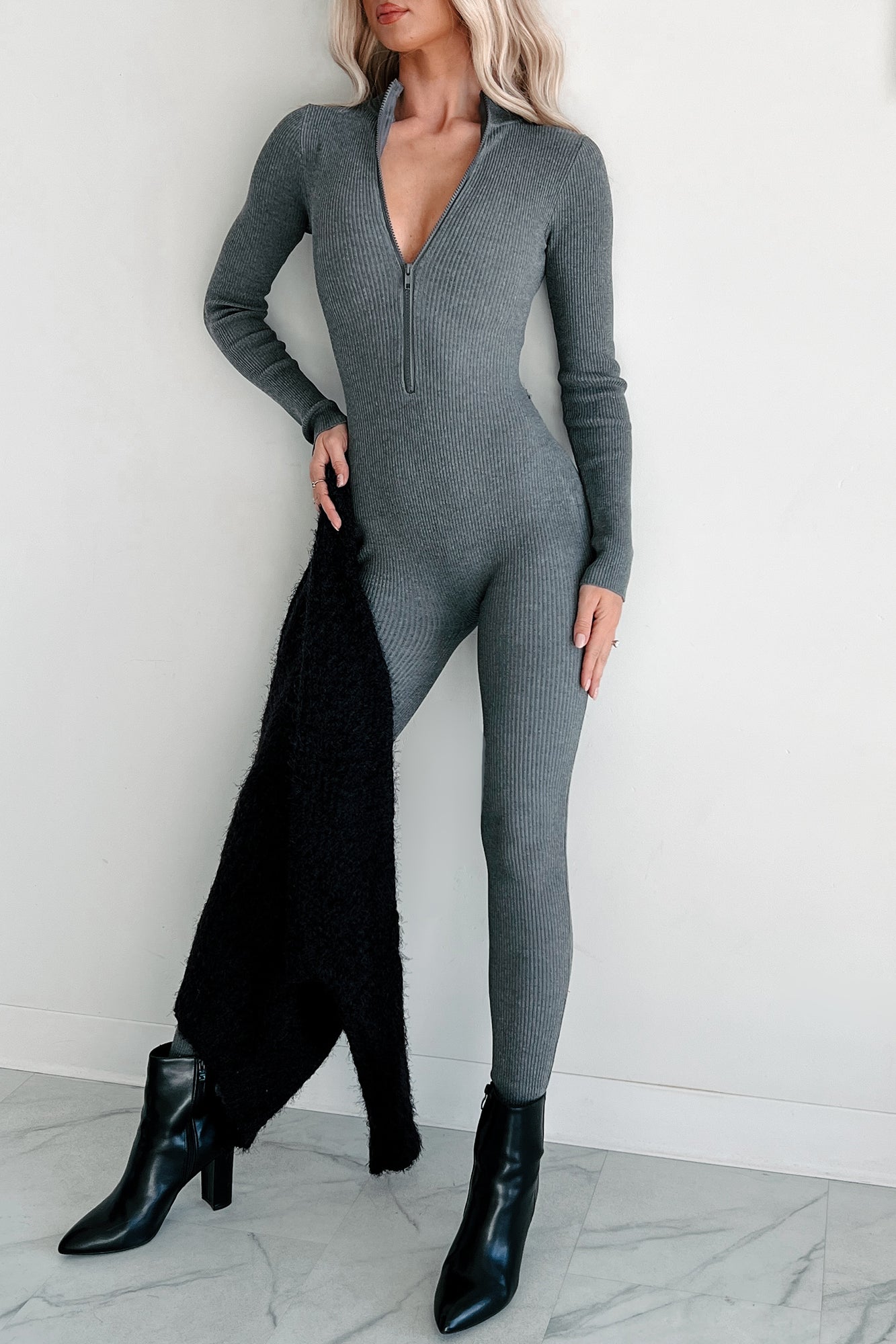 Lowkey And Loving It Zip Front Ribbed Jumpsuit (Heather Grey)