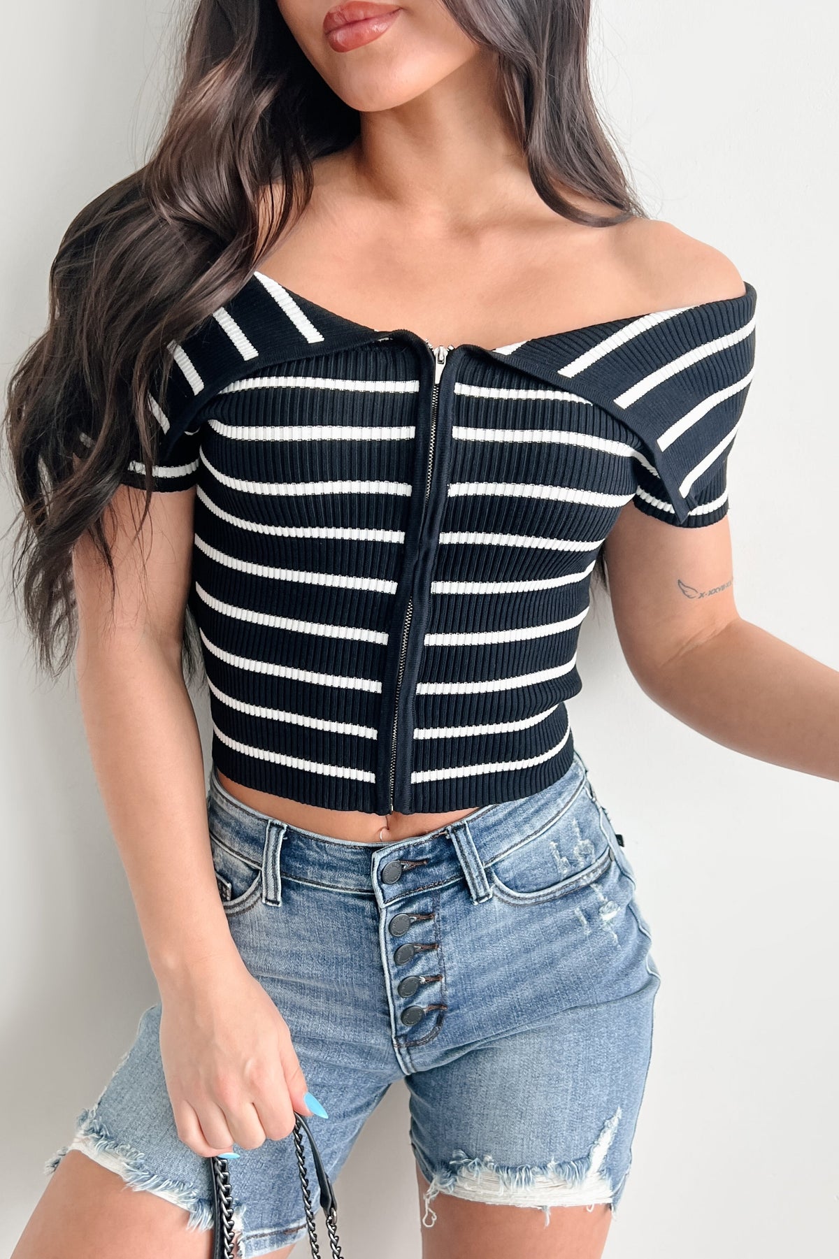 Lovely & Kind Off The Shoulder Striped Zip-Up Top (Black)
