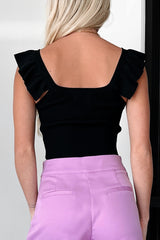 Sincere Feelings Ribbed Ruffle Strap Crop Top (Black)