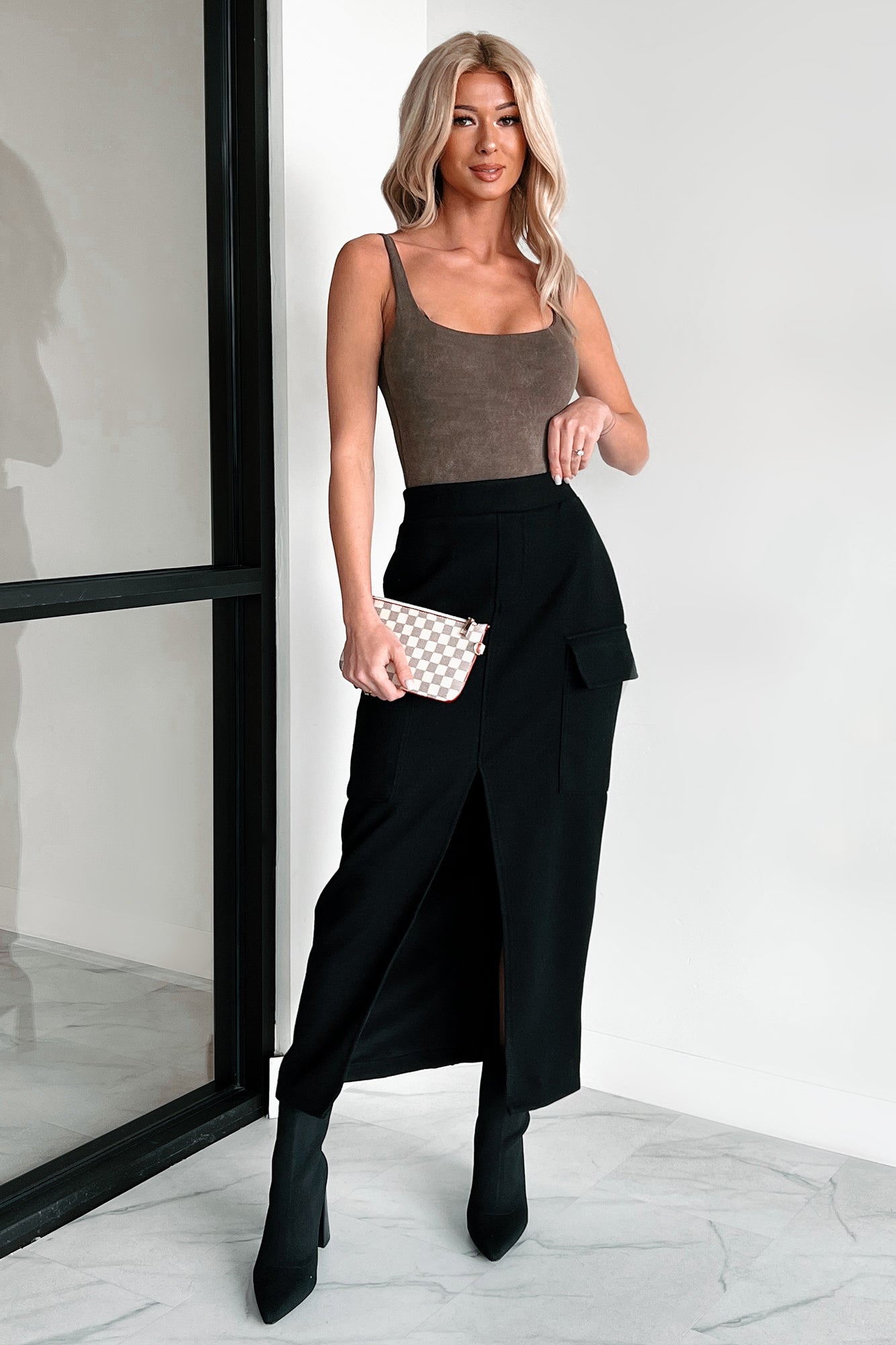 Setting New Standards Brushed Knit Cargo Midi Skirt (Black)