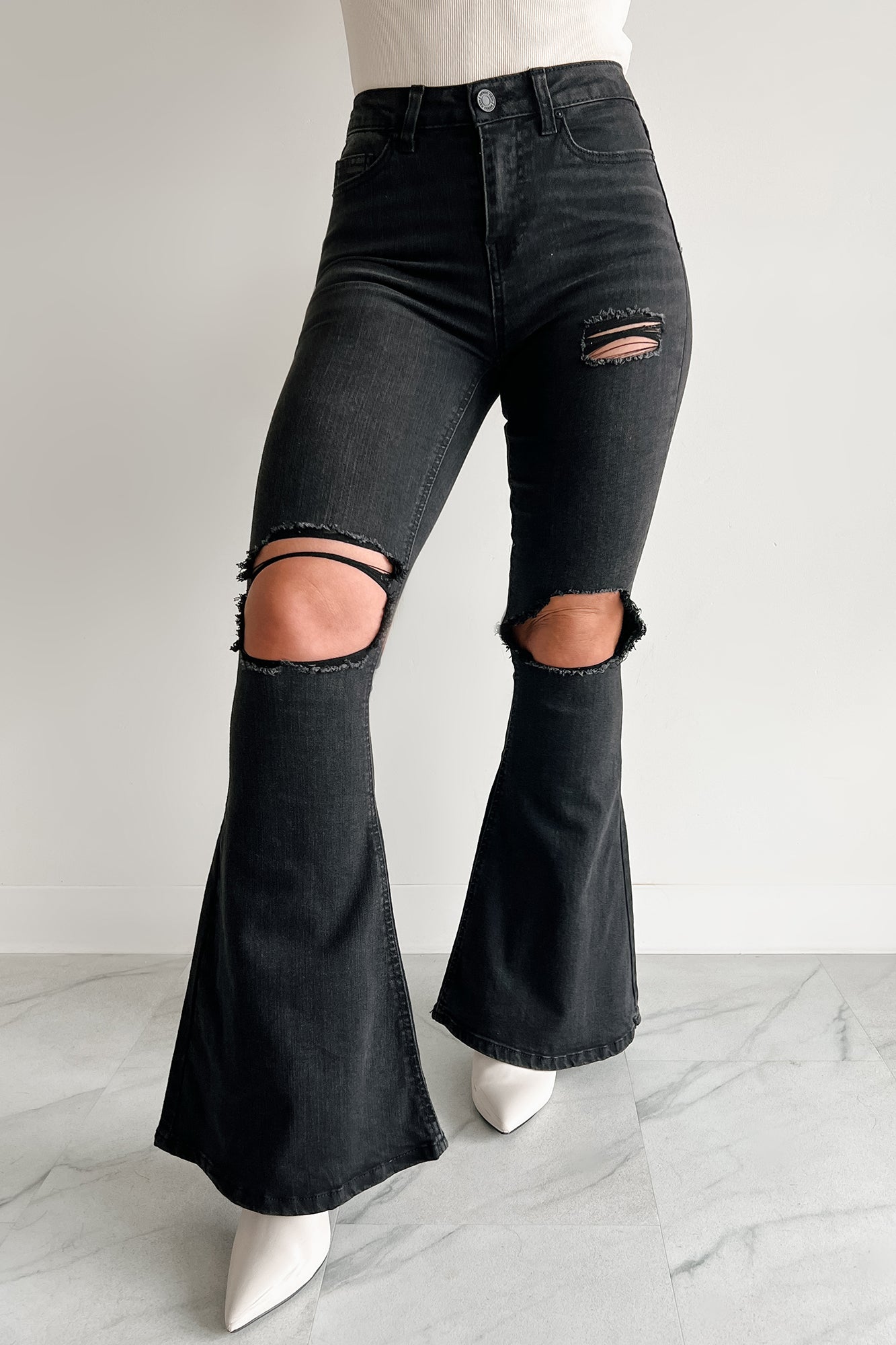Finnick High Rise Distressed Indigo Reign Flare Jeans (Black)