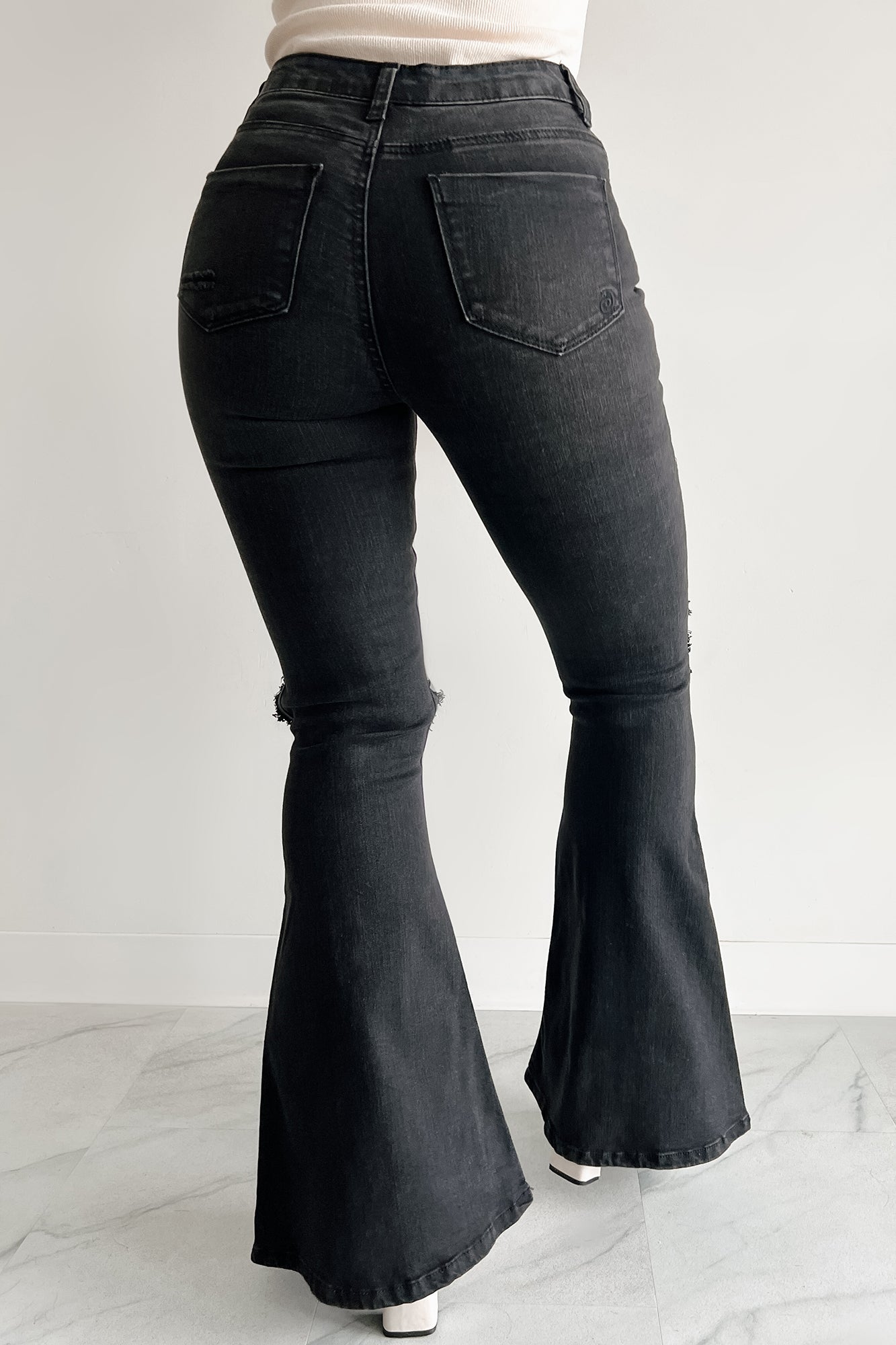 Finnick High Rise Distressed Indigo Reign Flare Jeans (Black)