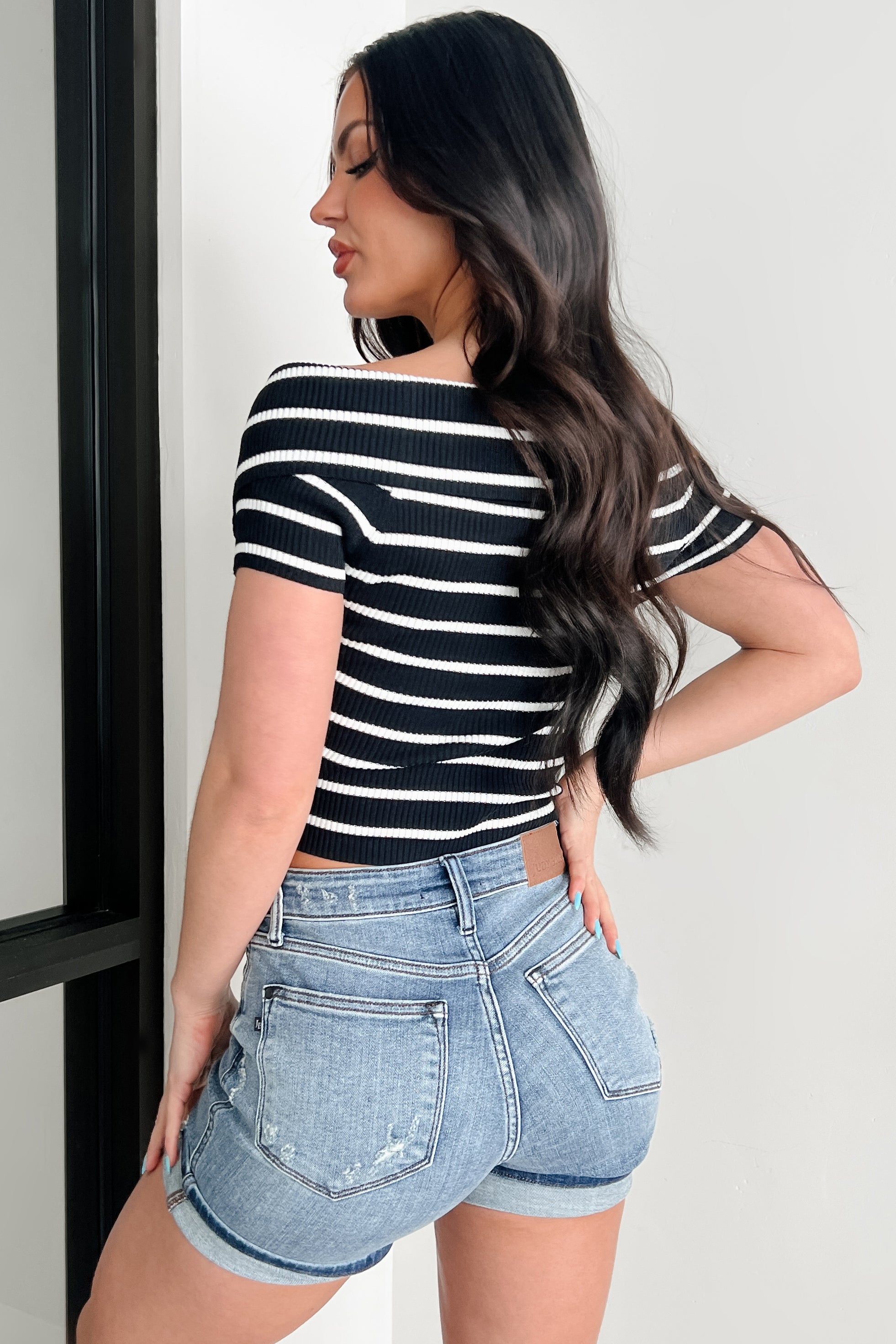Lovely & Kind Off The Shoulder Striped Zip-Up Top (Black)