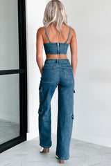 No Invite Needed High Rise Cargo Jeans (Dark Denim)