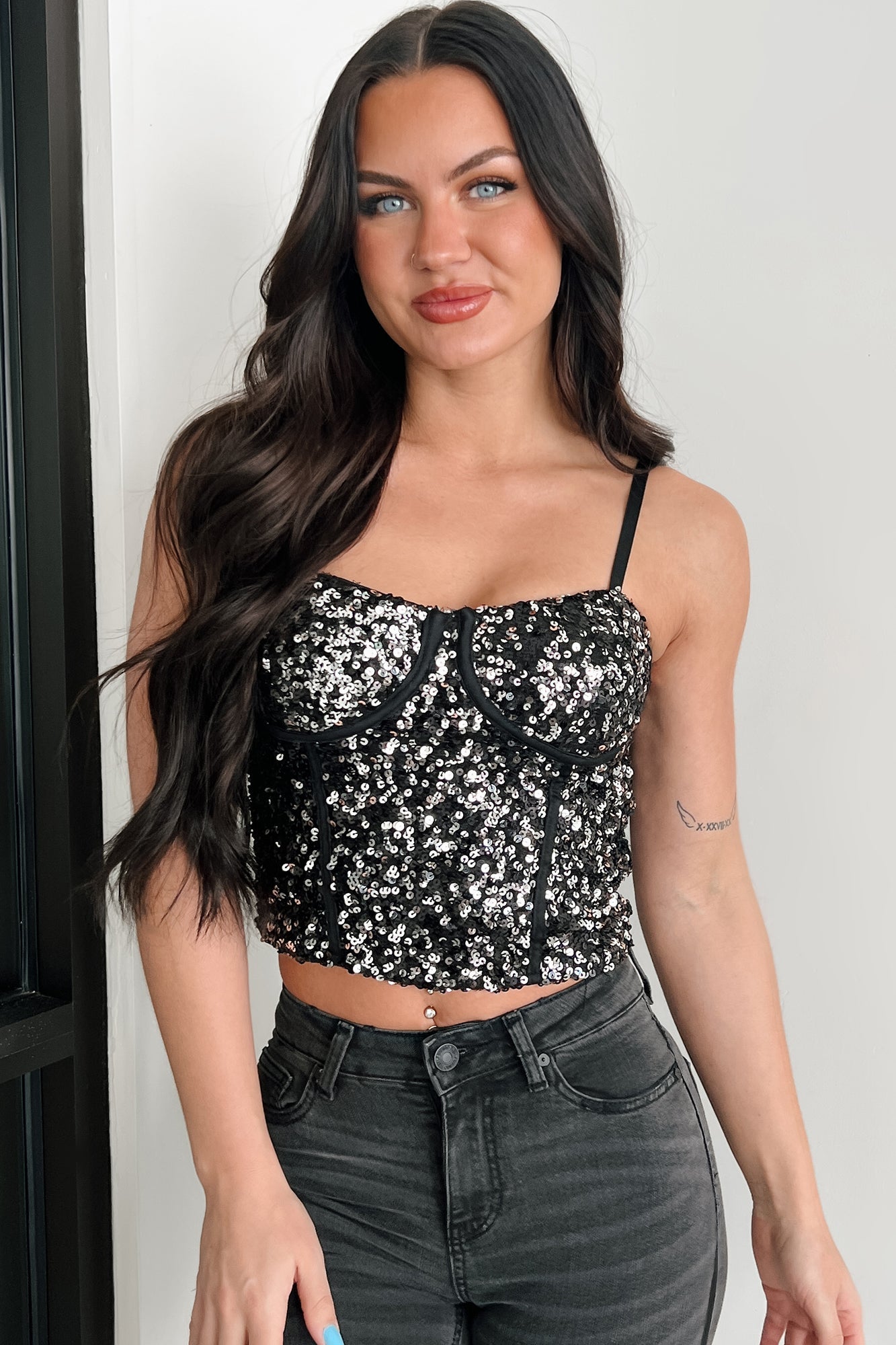 Gleaming Goddess Sequin Corset Top (Black/Silver)