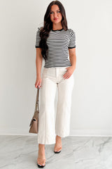 Casual & Cool Striped Puff Shoulder Top (Black/Ivory)