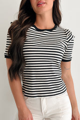 Casual & Cool Striped Puff Shoulder Top (Black/Ivory)