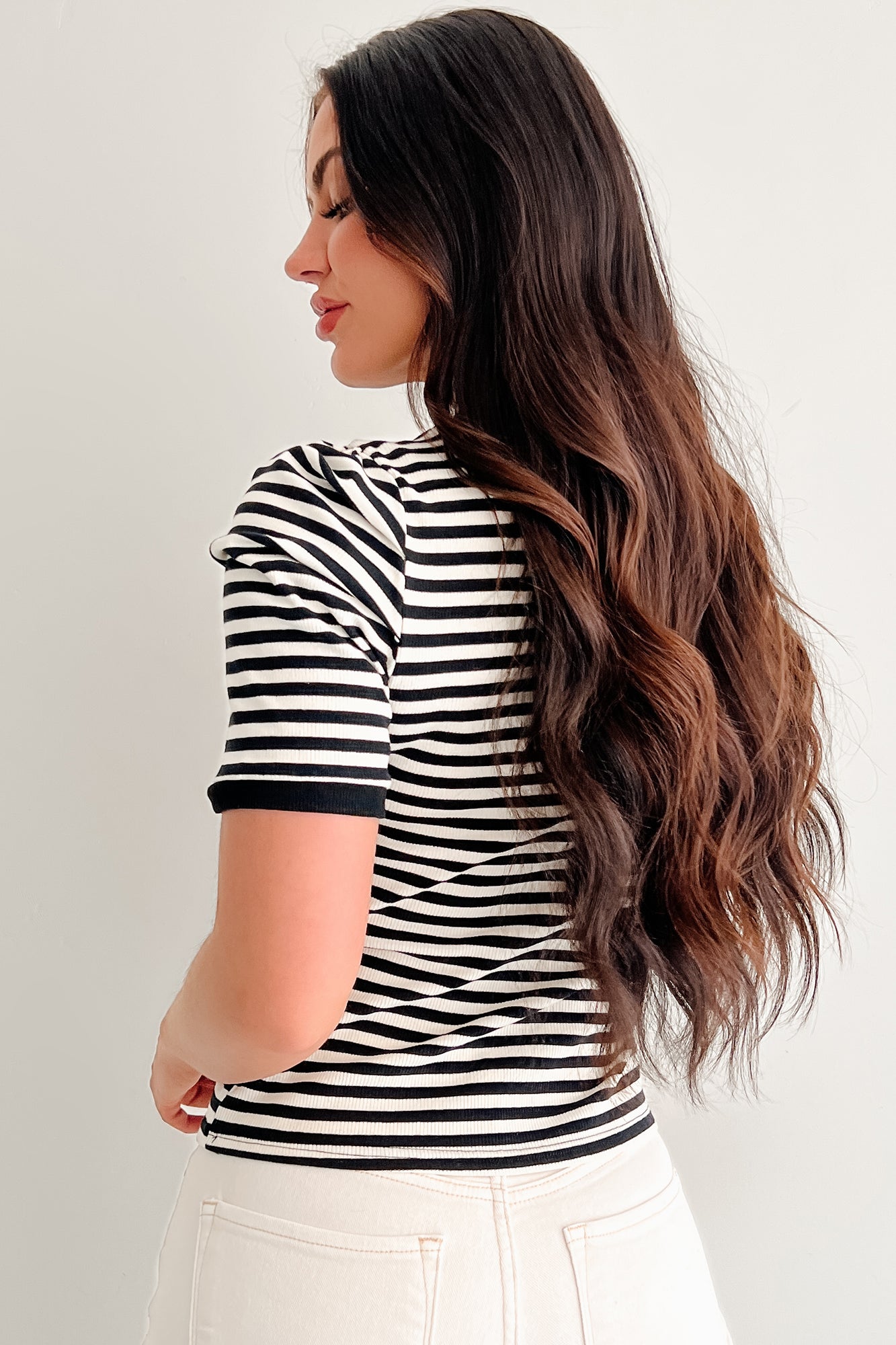Casual & Cool Striped Puff Shoulder Top (Black/Ivory)
