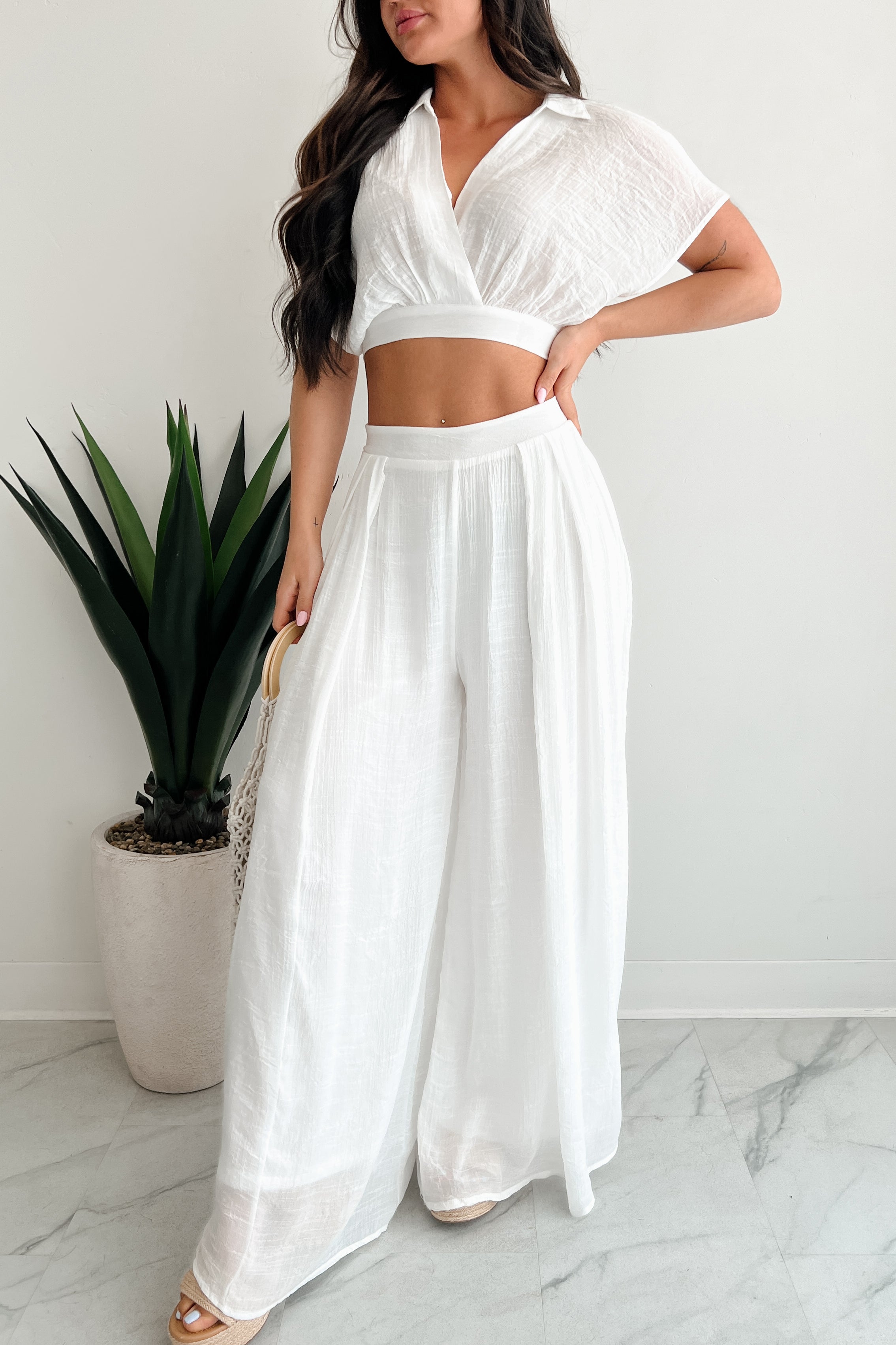 Dreamy Nights Crop Top & Wide Leg Pants Set (White)