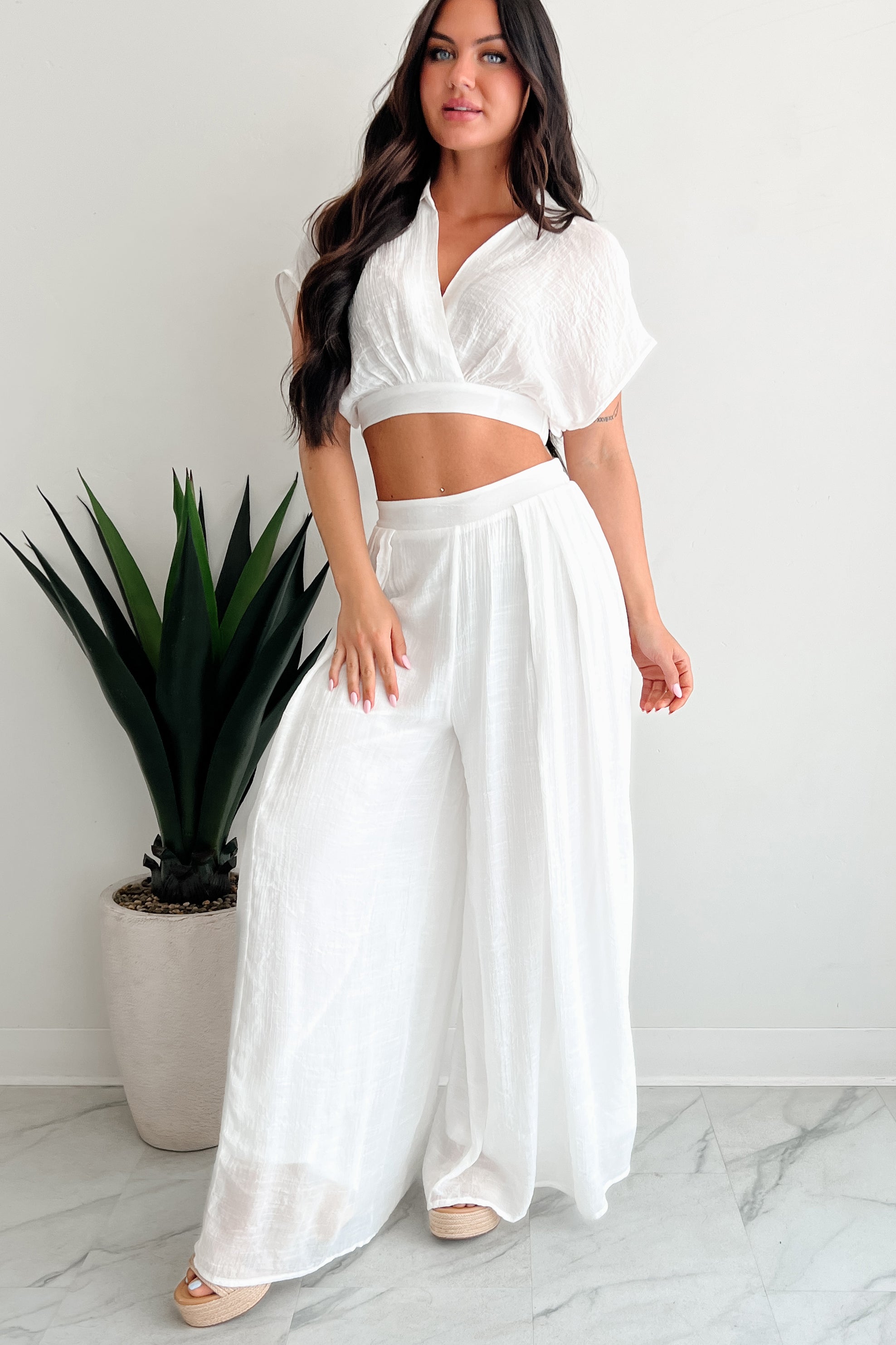 Dreamy Nights Crop Top & Wide Leg Pants Set (White)