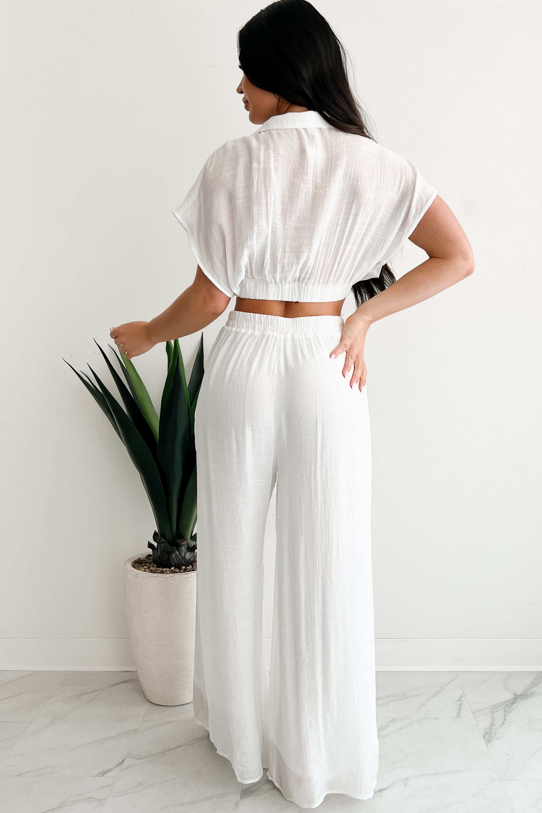 Dreamy Nights Crop Top & Wide Leg Pants Set (White)